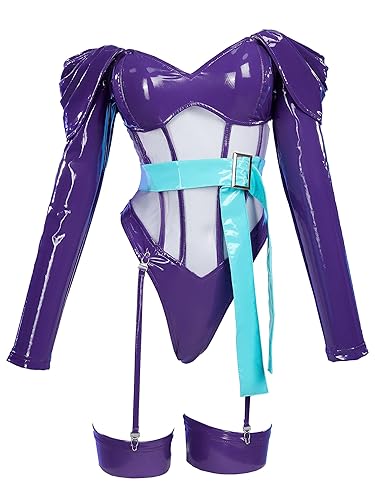 Mobbunny Women Anime Derivative Cosplay Costume Purple Sexy Leather Jumpsuit Cutout Lingerie Bodysuit with Belt - Purple - Small