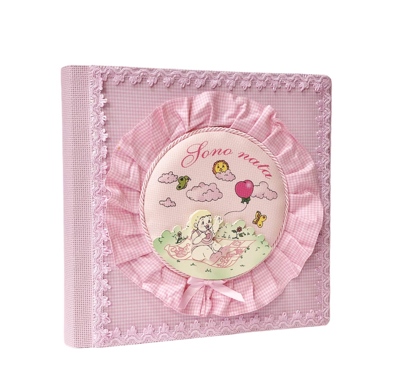 TriVin Art, Álbum de fotos artesanal fabricado en Italia (Battesimo) 30 x 30 cm, 40 páginas marfil con papel protector para bautizo (rosa/Baby)