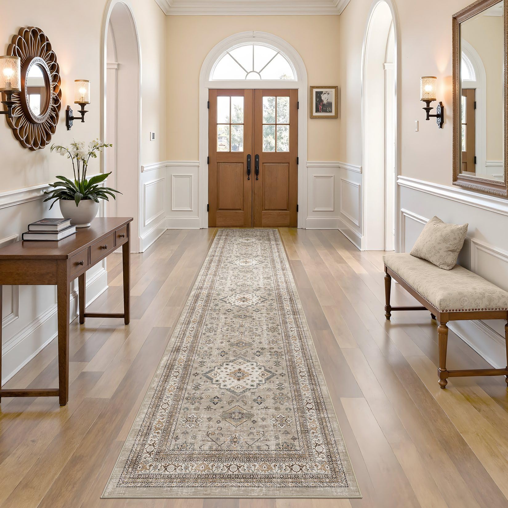 Vintage Hallway Runner Rug 2x10: Large Soft Washable Entryway for Kitchen Laundry Room Non-Slip Backing Runner for Entrance Living Room Bedroom Bathroom - Beige โ image 1