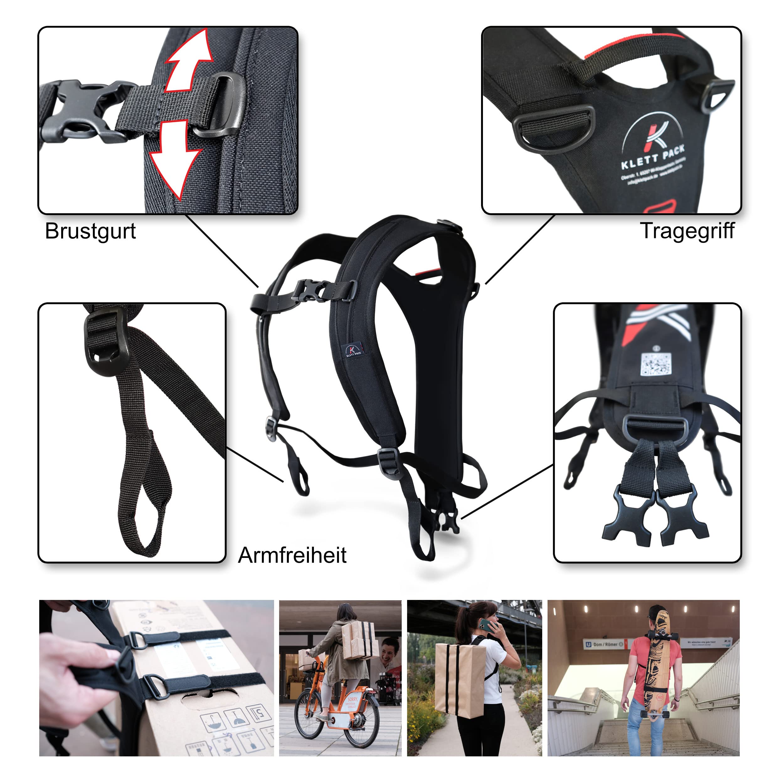 KLETTPACK - Tracolla posteriore per pacchetti, hobby, snowboard, lavoro e vacanze, adatta per grandi forme ingombranti, ergonomica, delicata sulla schiena