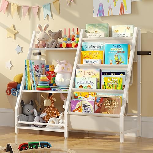 Kids Bookshelf and Toy Storage Organizer, 2 in 1 Montessori Toddler Book Shelf for Kids Rooms, Nursery Bookcase, Easy Assembly, Includes Extra Side Pockets 11.8" D x 33.4" W x 29.5" H (White)
