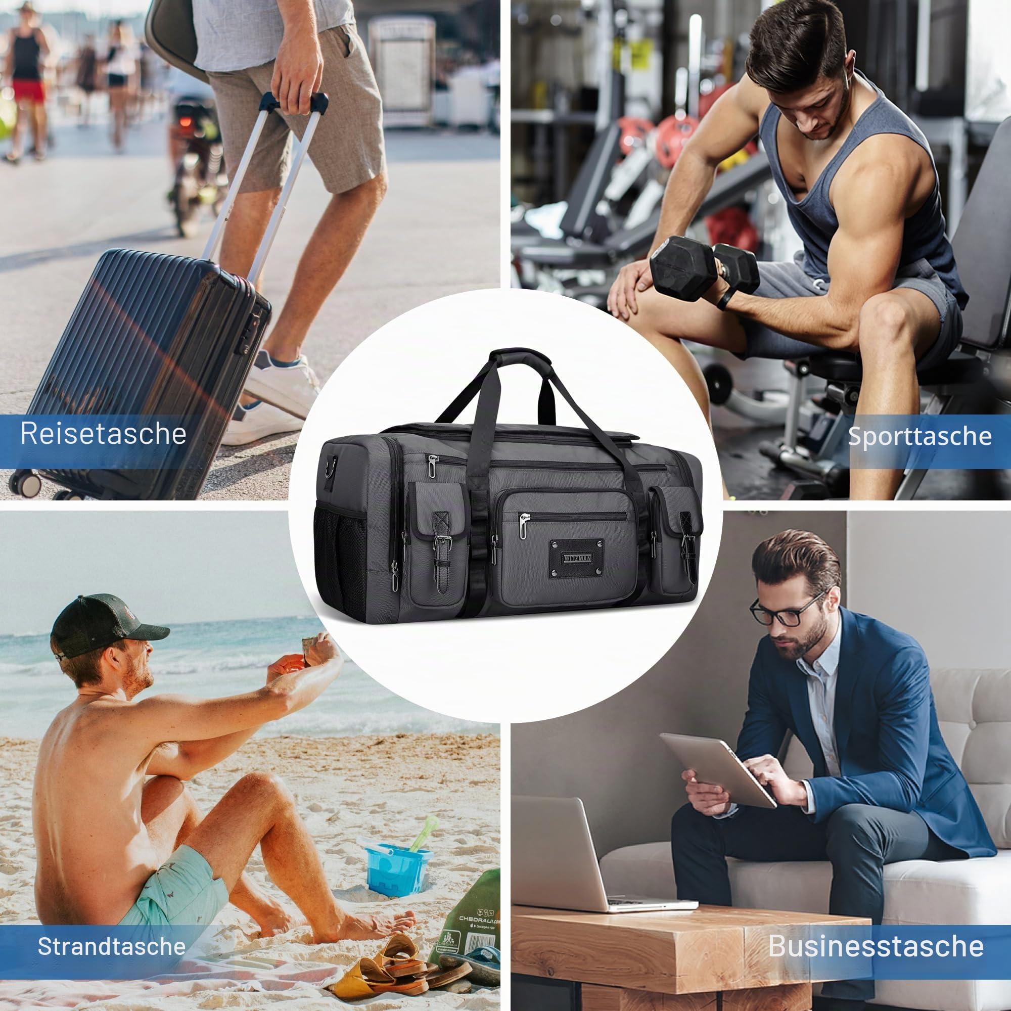 WITZMAN Reisetasche Herren Weekender Duffle Bag Groß 54L Sporttasche mit Schuhfach und Nassfach für Gym(B717 Silbergrau)