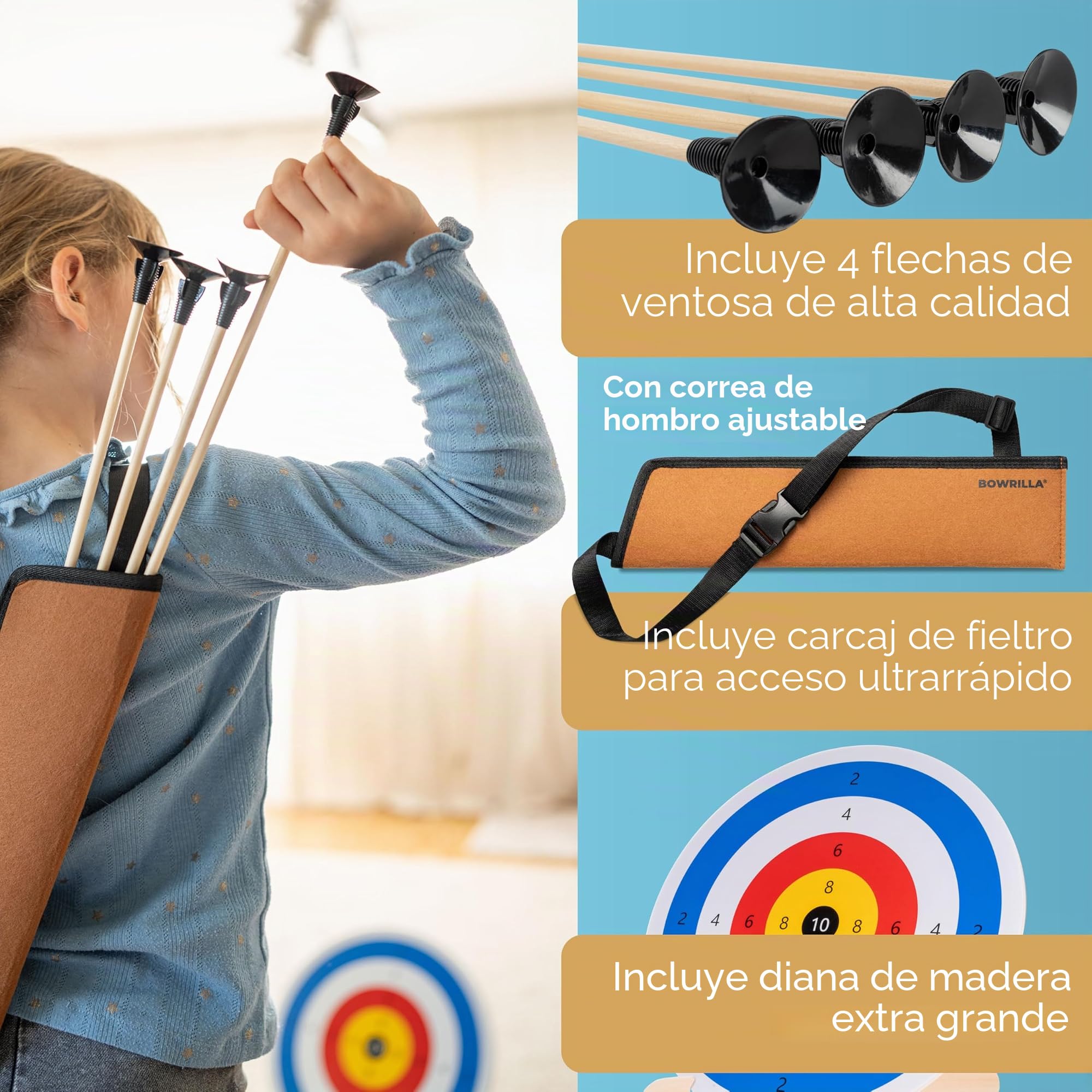 BOWRILLA® Set de flecha y arco para niños con 4 flechas de ventosa, objetivo de madera y aljaba | Juego de tiro con arco para niños para juegos de interior y exterior a partir de 5 años | Para