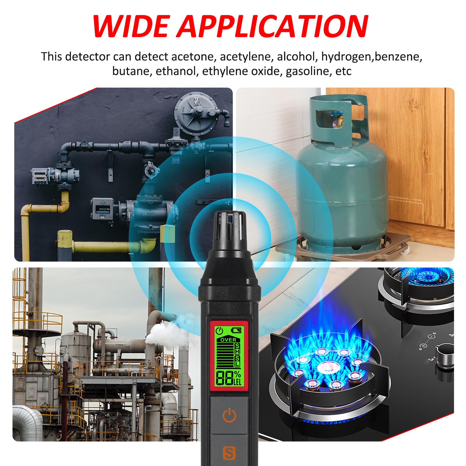 Rilevatore di gas a perno HT56 con allarmi acustici e visivi. Rilevatore di gas naturale ad alta sensibilità per trovare fonti infiammabili come metano, acetone, acetilene, alcool, propano