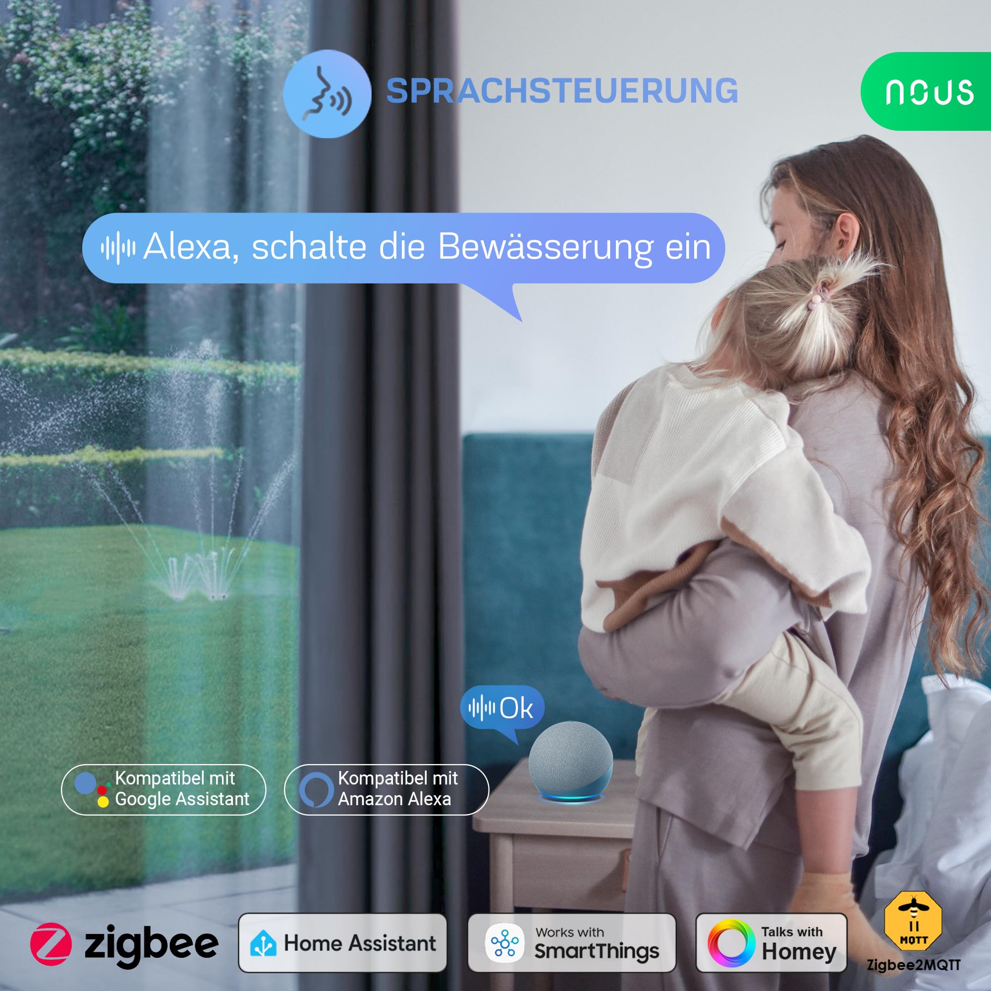 NOUS ZigBee Smart Wasserhahn-Ventil, Bewässerungssteuerung IP66, Kompatibel mit Alexa, Google Assistant, Smart Life, Timer & App-Fernbedienung, Batteriebetrieben, 3/4 Zoll, für Garten, ZigBee-Hub Erfo
