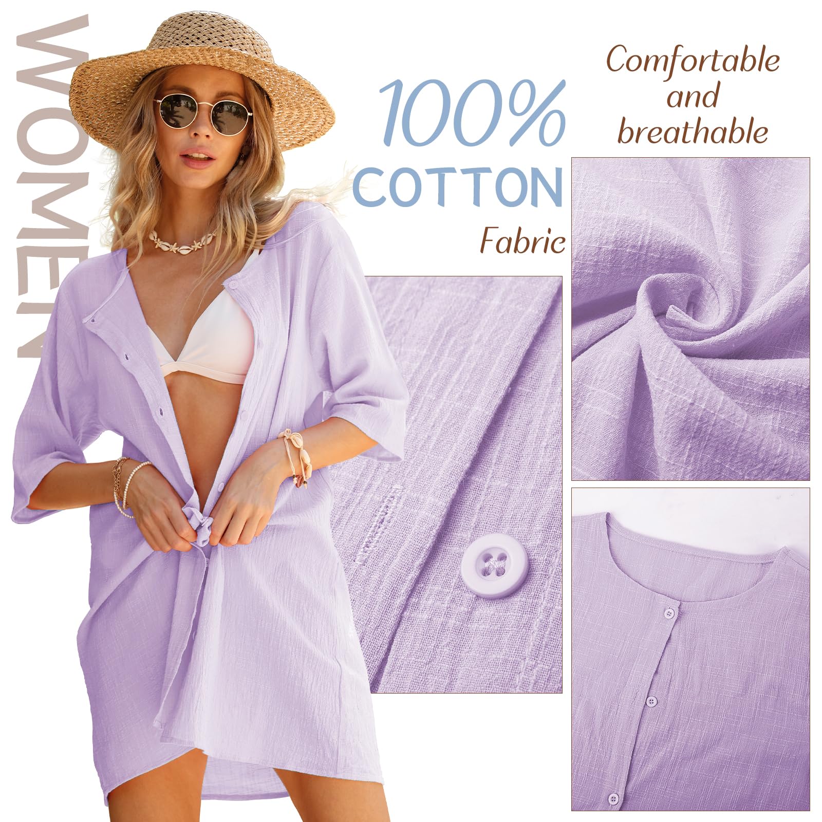 Svanco Robe de Plage Femme Été, Tunique de Plage Élégante, Chemise de Plage en Coton, Cache Maillot de Bain