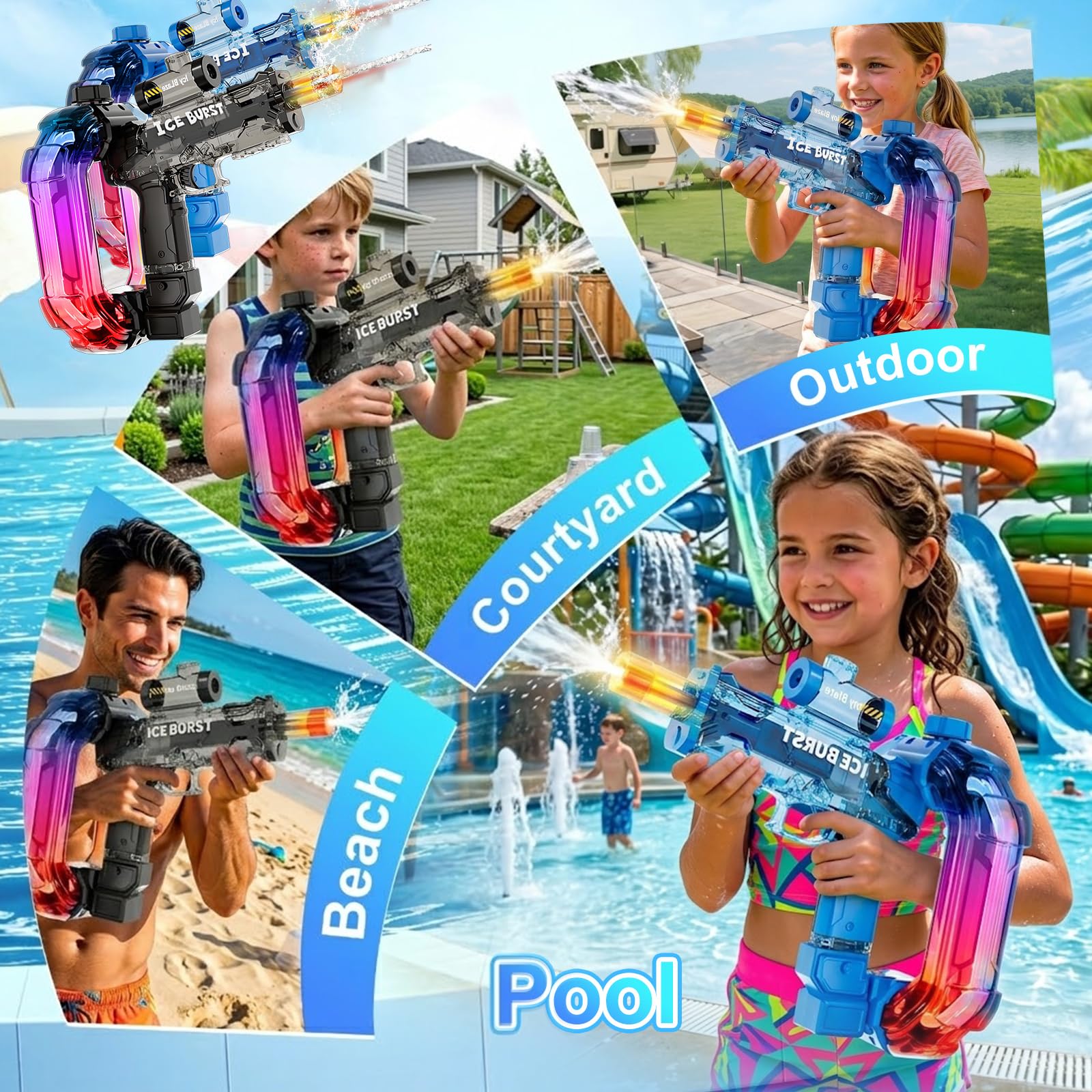 Pistola Ad Acqua Elettrica Per Bambini,Fucile Ad Acqua Automatica Con Gittata Fino, Electric Water Gun luce LED giocattoli regali per adulti ragazzi ragazze 6 7 8+ (Pistola 2 pezzi)