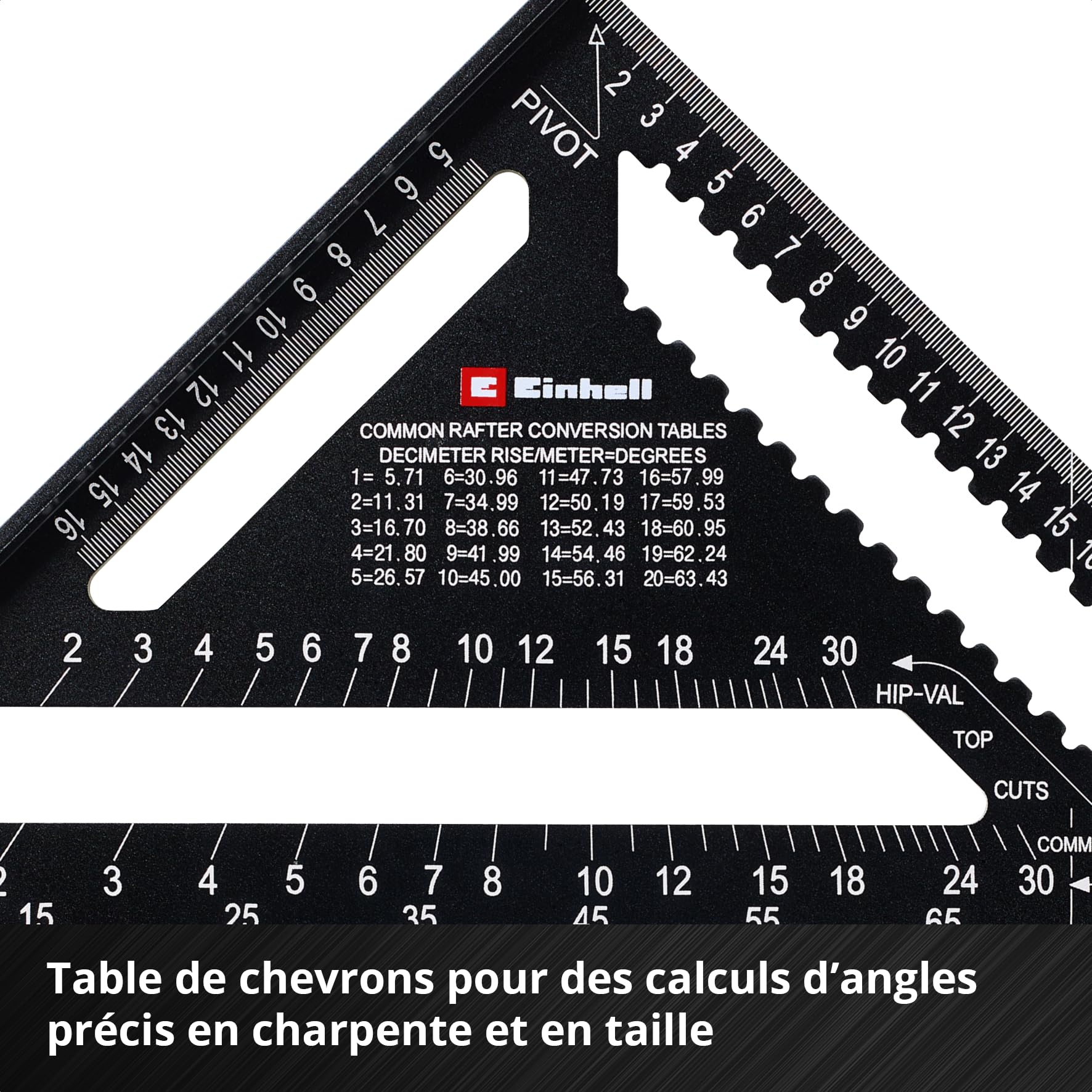 Einhell 2 pièces jeu d’équerres de charpentier, 185/300 mm | Graduations en mm et en degrés | ouvertures de traçage | gabarit de perçage | tableau de conversion pour chevrons | marqueur