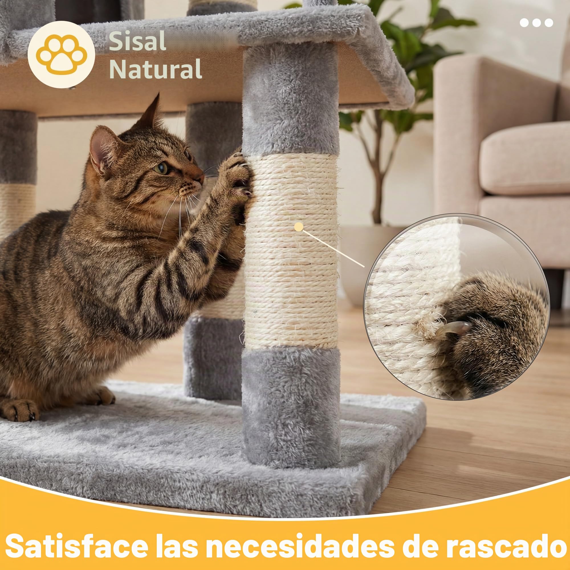 Hey-brother Árbol para Gatos, Árbol Rascador para Gatos, con Cama de Plataforma con cojín, Pelota de Juguete,Cueva cómoda, Hamaca y Poste de Arañar, Gris Claro 0EMPJ004SW-N-