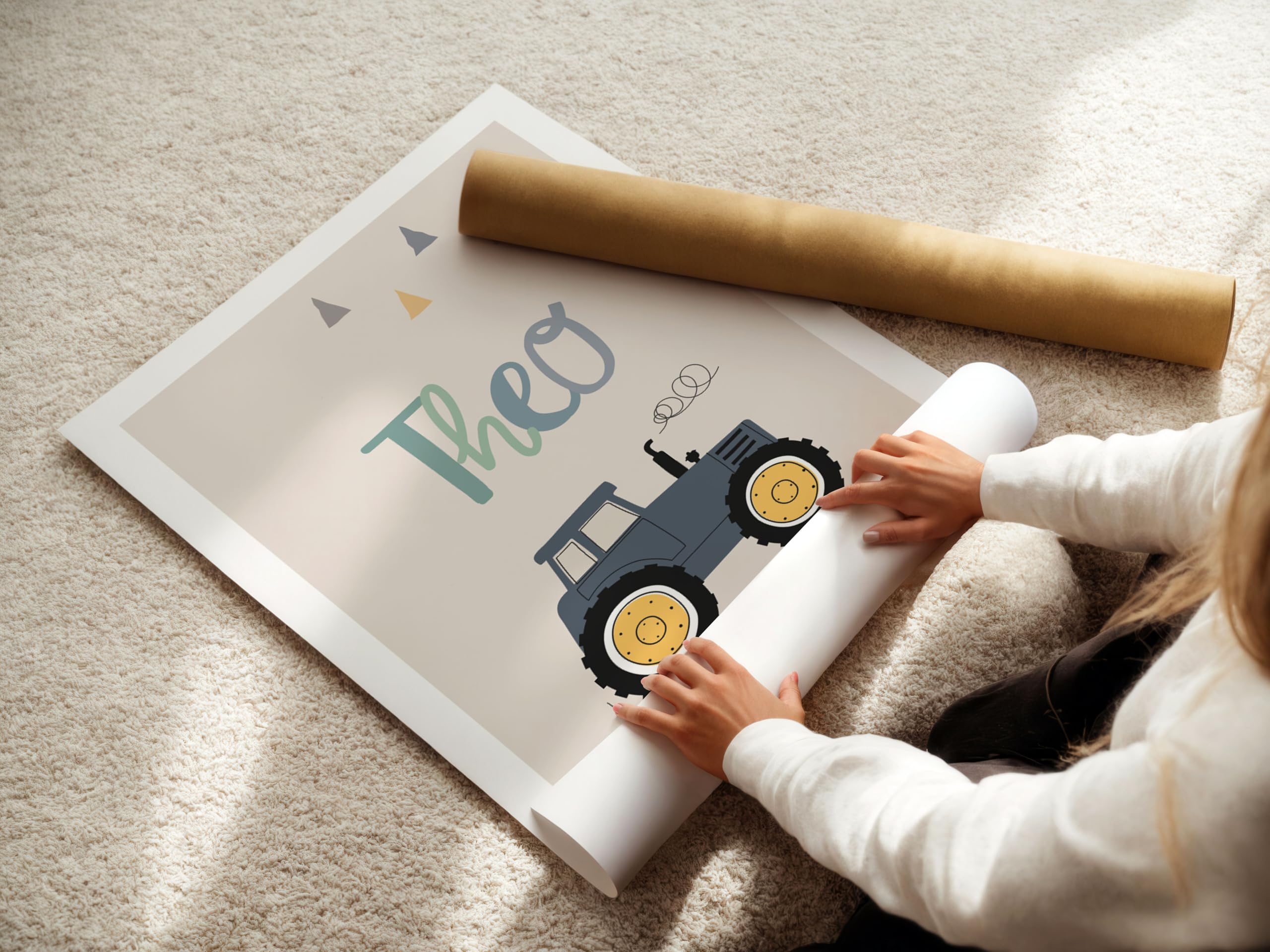 Generisch Kinderzimmer Bilder Junge, Wanddeko mit einem Traktor, Kinderspruch, Bagger als 3er Set ohne Rahmen (Beige, DIN A3 (29,7 × 42 cm))