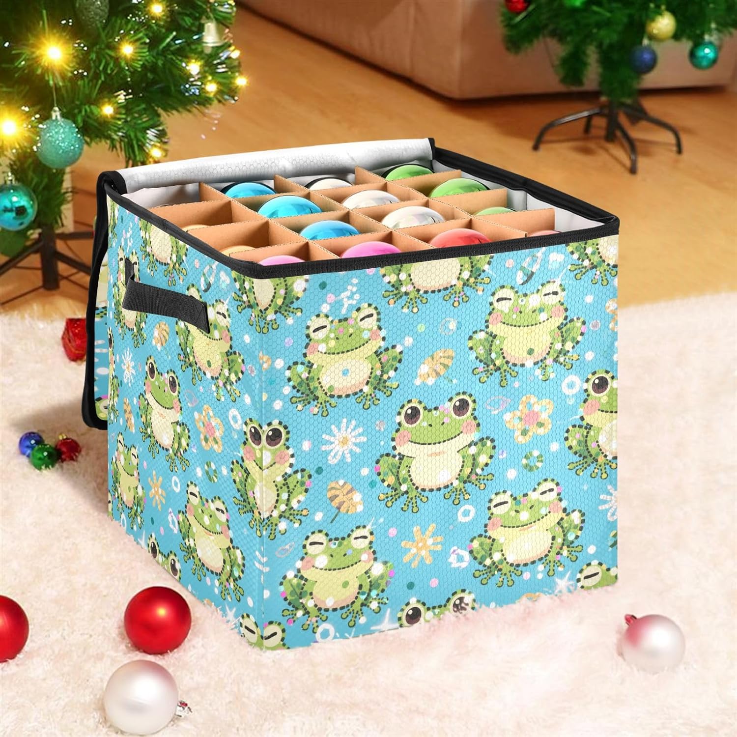 High Capacity Christmas large ornament storage Holds Up to 64, Adjustable Dividers, Zippered Top, Two Handles stackable christmas tree decorations with Lid,Fake Sequin Glitter Blue Frog