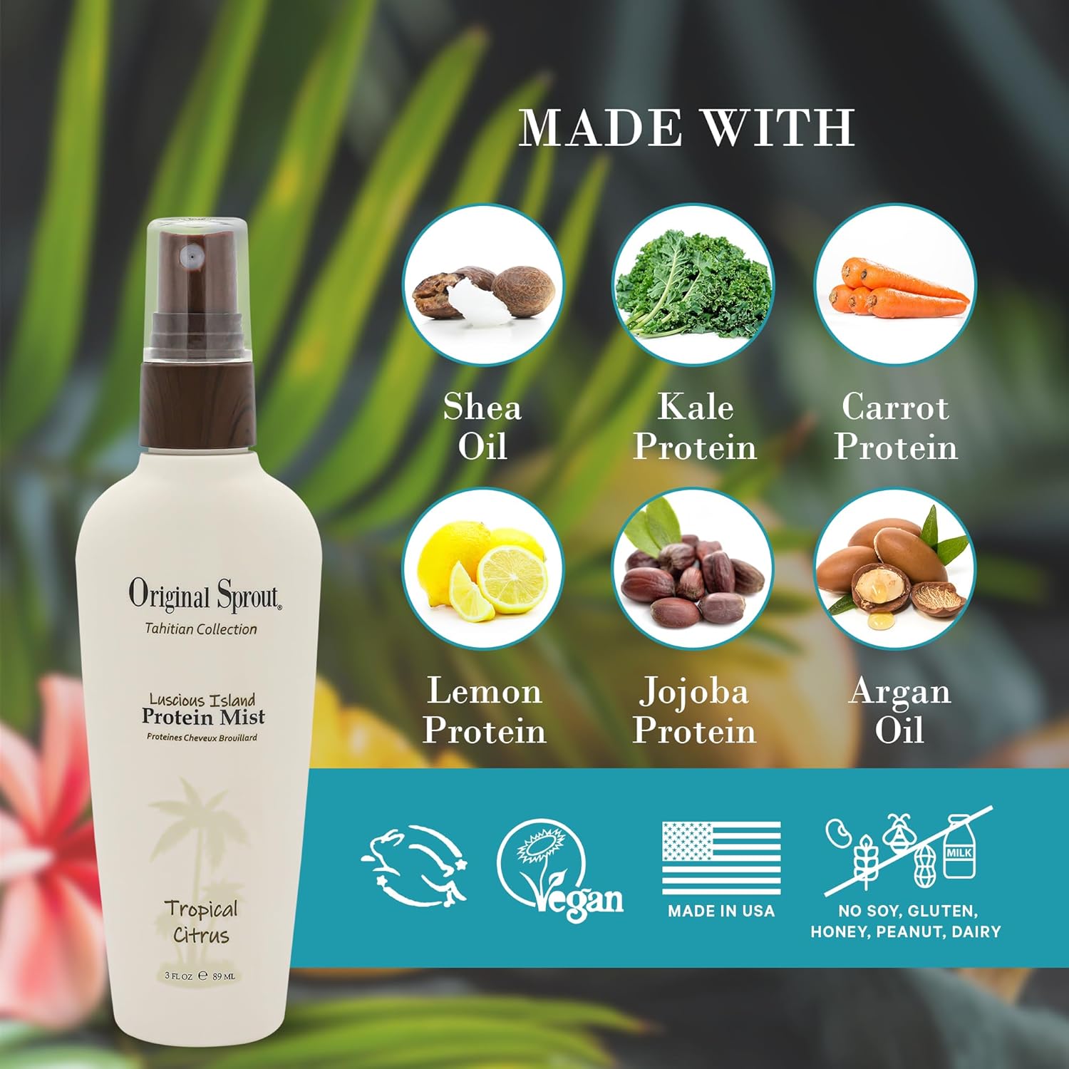 Original Sprout Luscious Island Protein Hair Mist for All Hair Types, Lightweight Leave-In Spray for Dry or Damaged, Heat-Styled & Color-Treated Locks, with Argan Oil & Vega Bead Technology, 3 fl oz