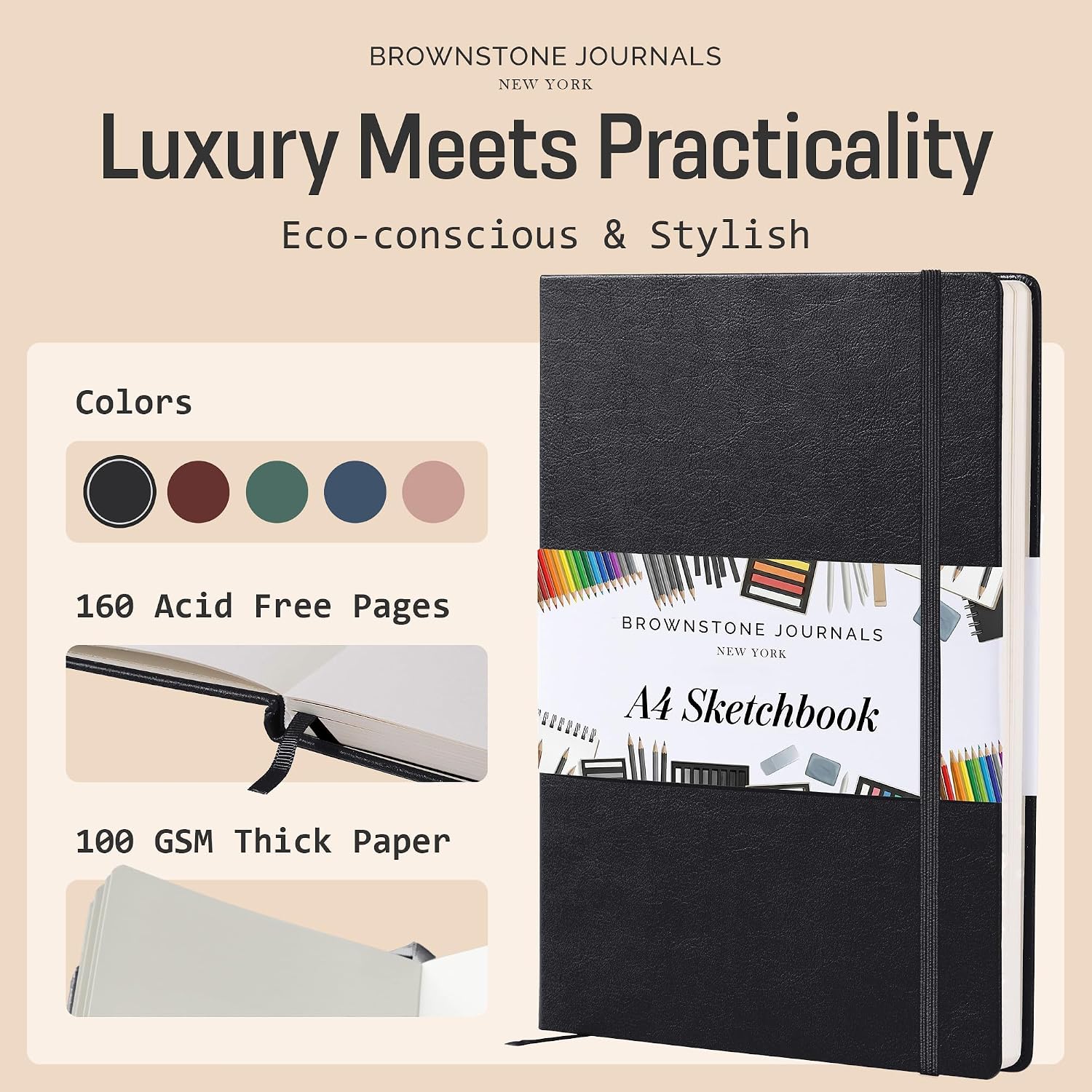 BROWNSTONE JOURNALS A4 Sketch Book Hardcover - 80 Sheets 100 GSM Paper