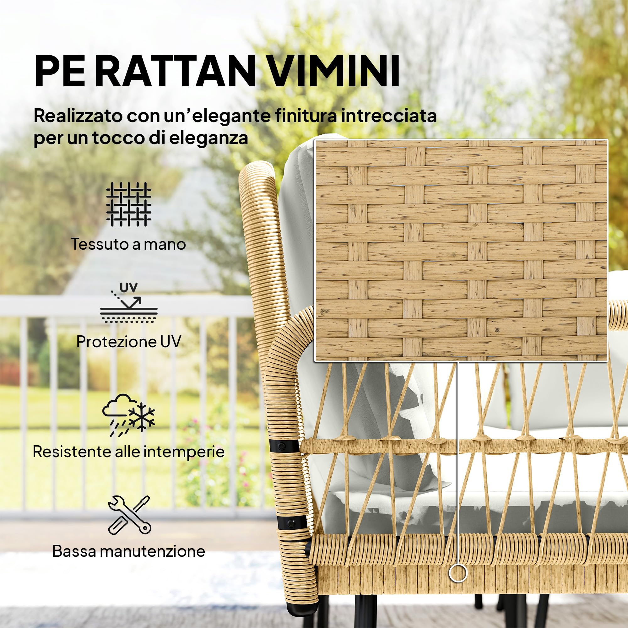 Outsunny Set Salotto da Giardino in Rattan 4 Pezzi, Salottino da Giardino Esterno ad L con 2 Divani 2 Posti, Angolo, Tavolino da Caffè, Cuscini, Struttura in Acciaio, per Balcone Patio, Naturale/Crema