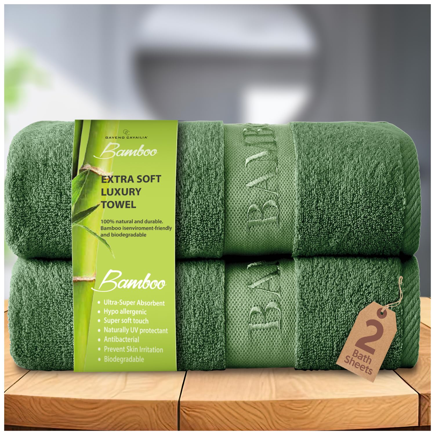GC GAVENO CAVAILIA Bamboo Bath Sheet Extra Large (90x140cm) - 500 GSM Super Water Absorbent Towels Large Bamboo Towels 2 Pack (60% Bamboo, 40% Cotton) - Extra Soft Towel Bath Sheets - Green
