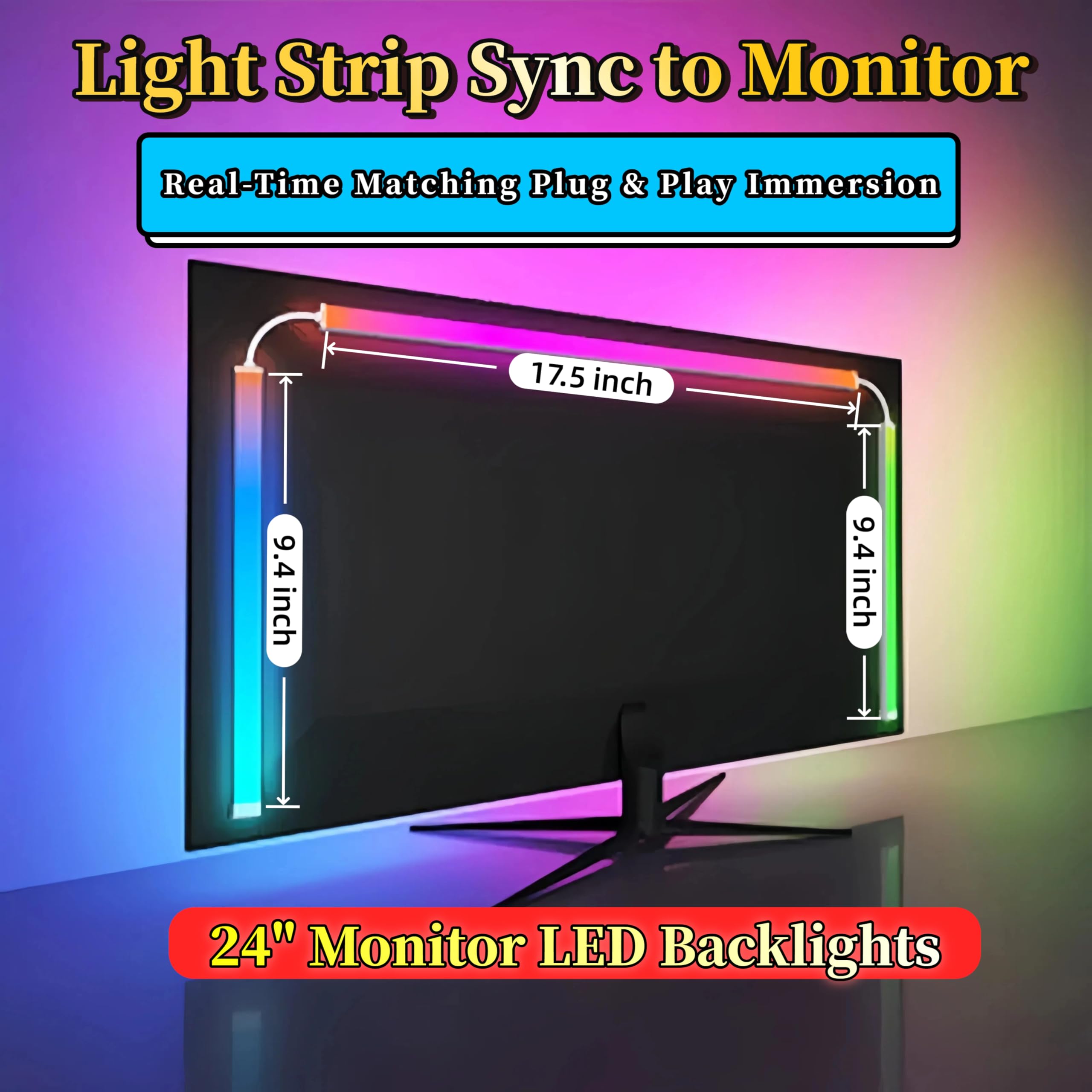 Retroiluminación de monitor de 24 pulgadas, tira LED reactiva para PC y Mac, color de pantalla y sincronización de música, iluminación ambiental de control de software para configuración de