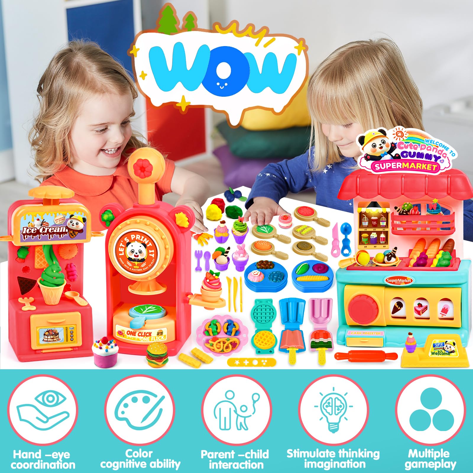Kit Pâte à Modeler Panda Gummies – 55 Pièces, 12 Pots, Machine à Glace Et Hamburger