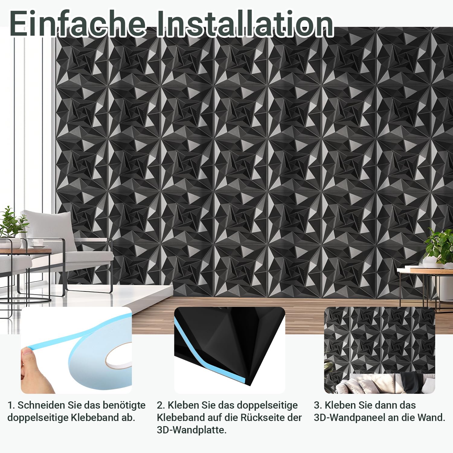 Panele ścienne 3D 30 x 30 cm, kwarc czarny, 24 sztuki (2,16 m²)