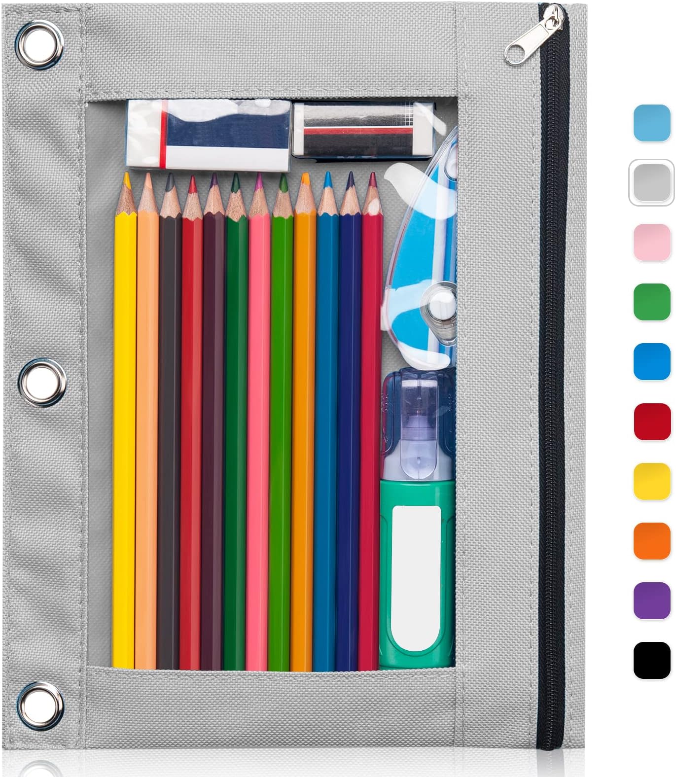Pencil Pouch for 3 Ring Binder, Binder Pencil Case with Smooth Zipper, Clear Window Pencil Bag with 3 Reinforced Grommets, Big Capacity Pencil Box, School Office Supplies, Grey