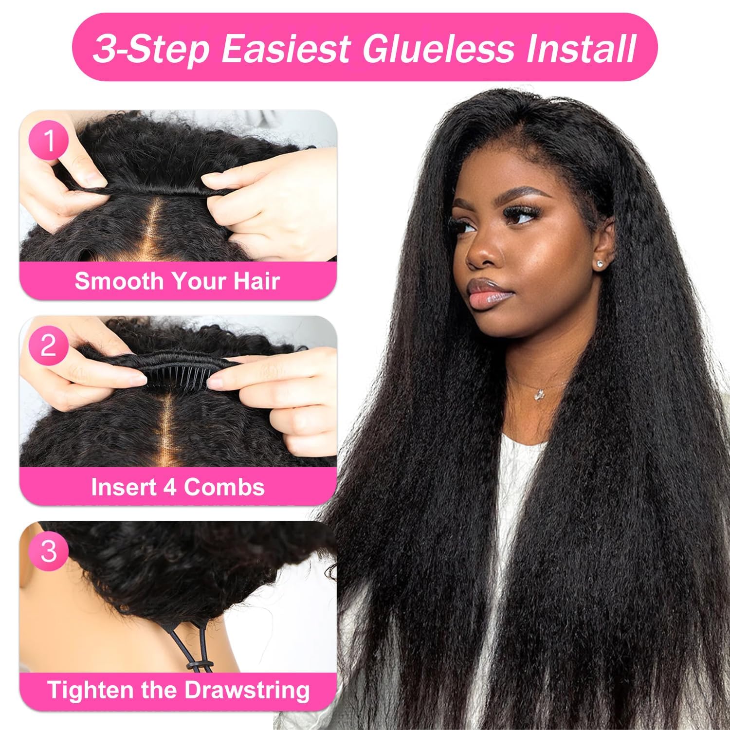 Half Wig Human Hair Kinky Straight Wigs for Black Women 180 Density Yaki Straight Glueless Wigs Ready to Go 3 In 1 Seamless Flip Over Drawstring Headband Wig for Women Clip in No Sew In 20 Inch - Image 4