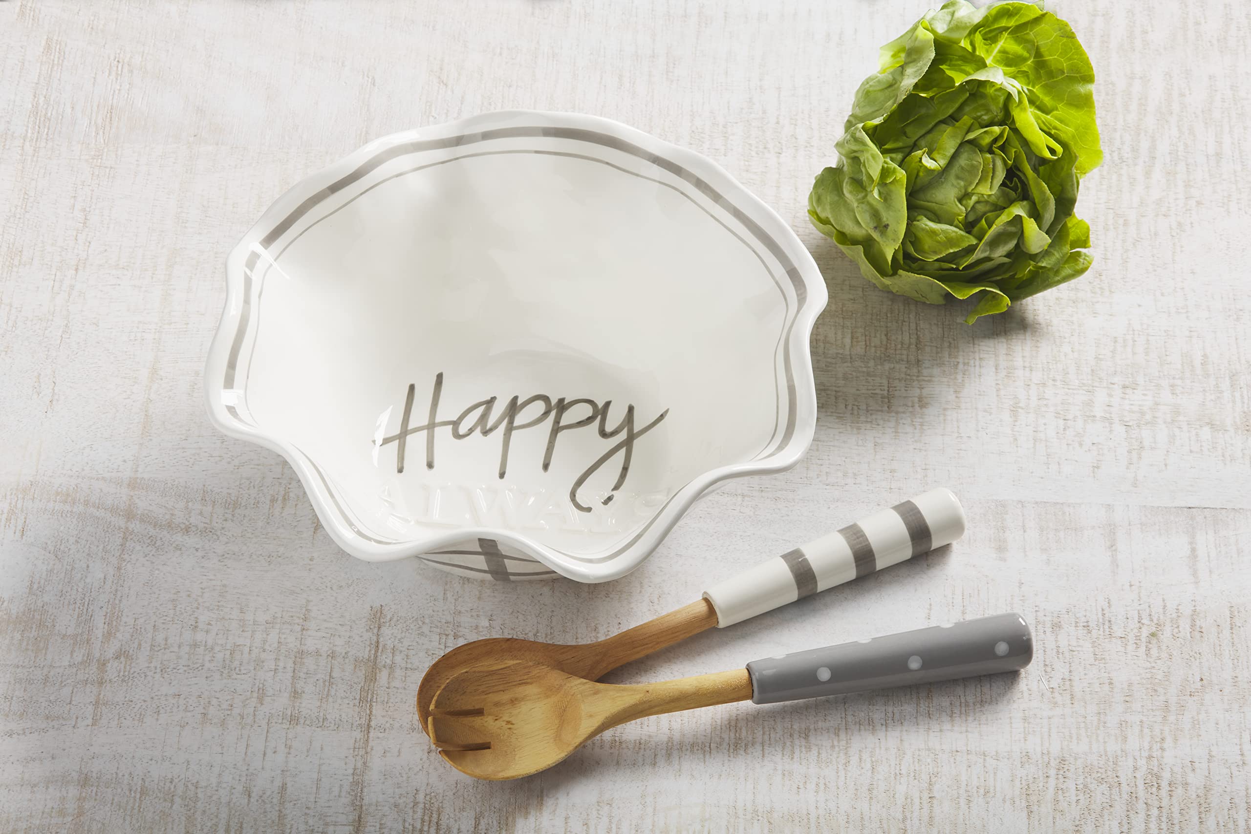 Mud Pie - Set Di 2 Ciotole In Ceramica Smaltata Con Cucchiaio In Legno E Manico In Rattan - Happy Everything - Bianco, Diametro 30,5 Cm