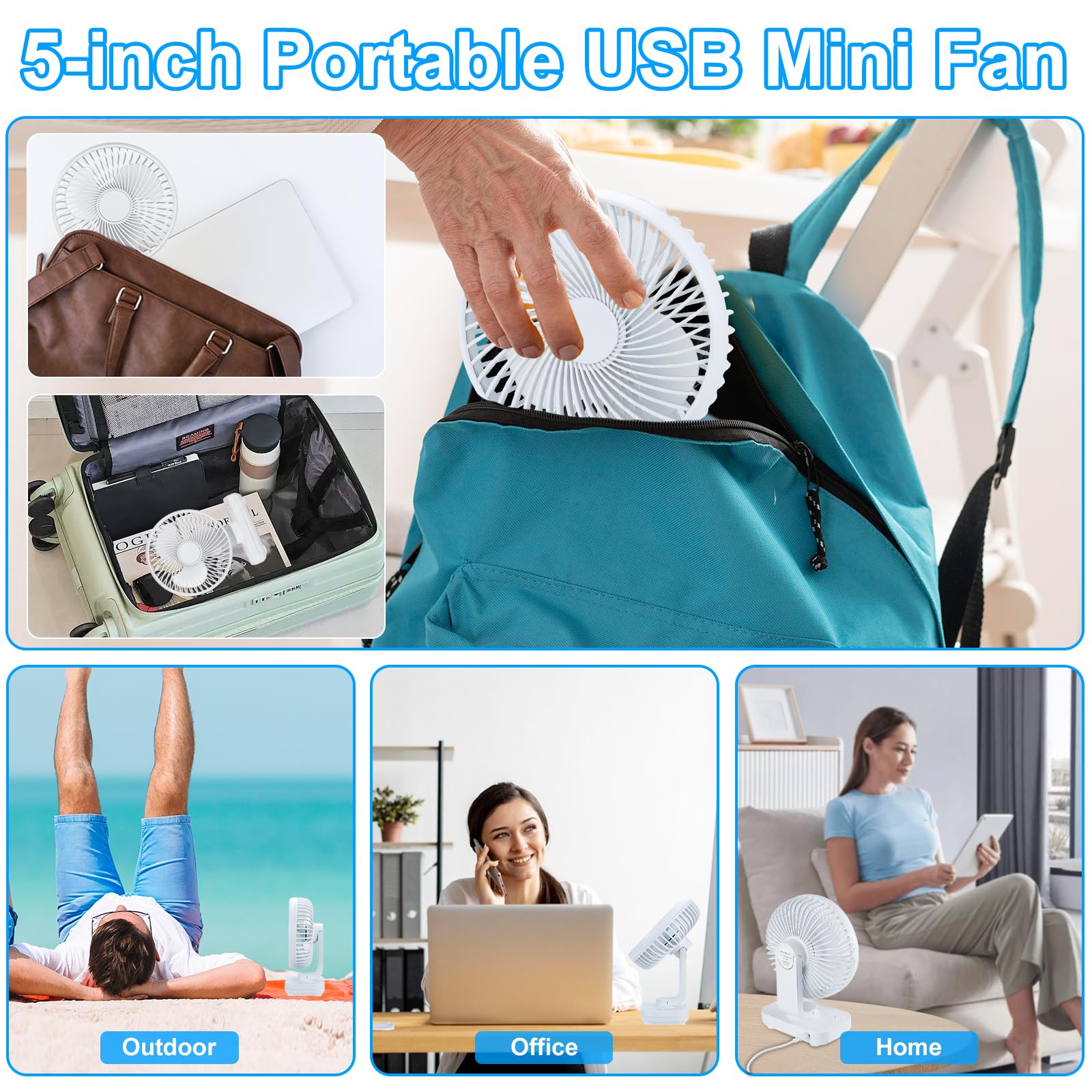 Qingning Cichy wentylator biurkowy USB, przenośny mini wentylator stołowy z 4 prędkościami, mały wentylator o mocy 5 cali, 4000 mAh, do domu, sypialni, biura, na zewnątrz (biały)