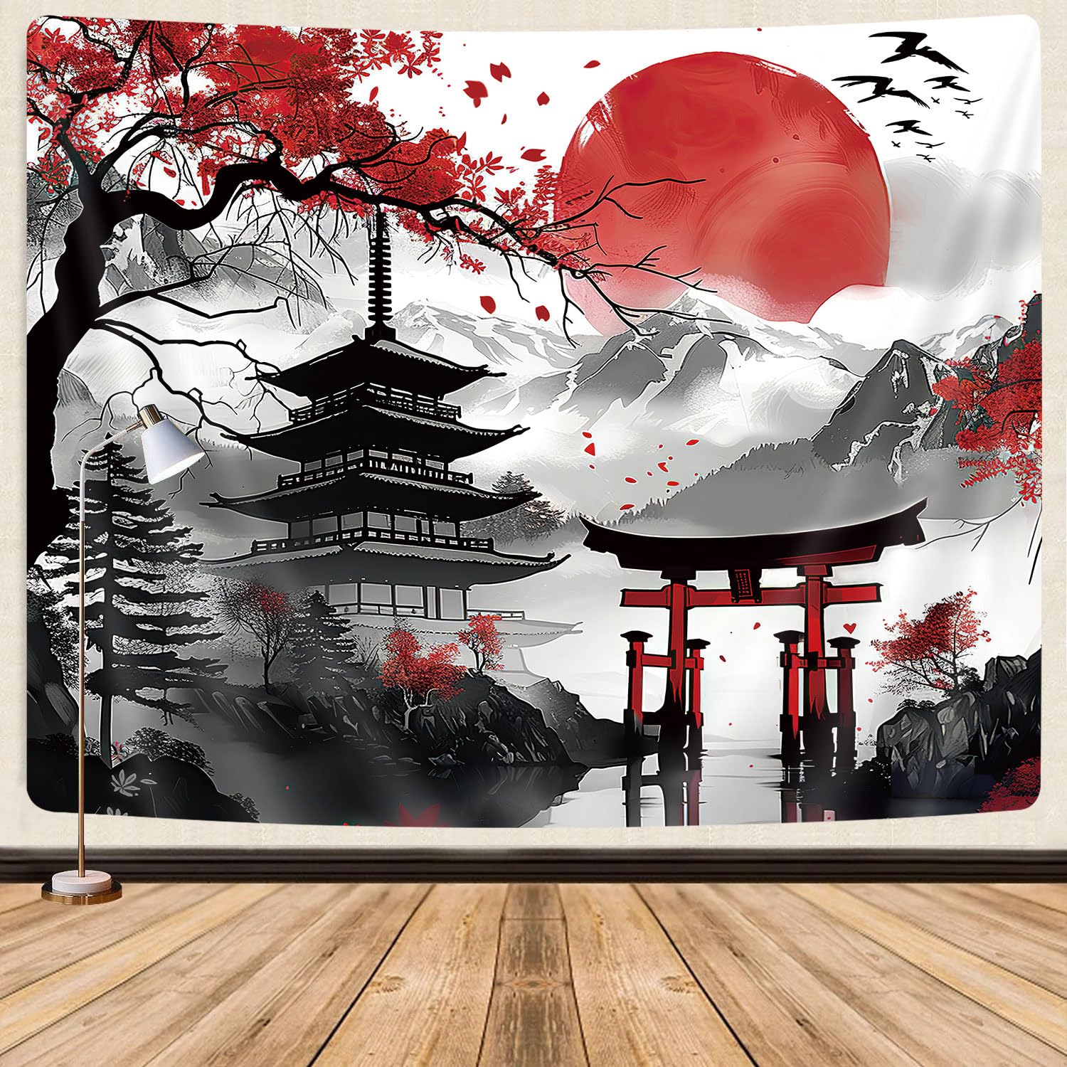 GOAOK Japanese Anime Tapestry, Cool Japan Cherry Blossom Floral Mountain Sun Asian Oriental Abstract Art Tapestry Wall Hanging for Men, Red and Black Large Tapestries Aesthetic for Living Room, 80x60