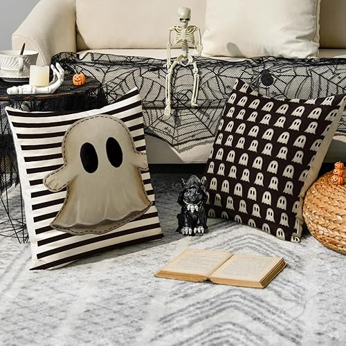 Miniatura 3 de AVOIN colorlife Juego de 4 fundas de almohada de Halloween Hey Boo con diseño de fantasma, 20 x 20 pulgadas, para sofá