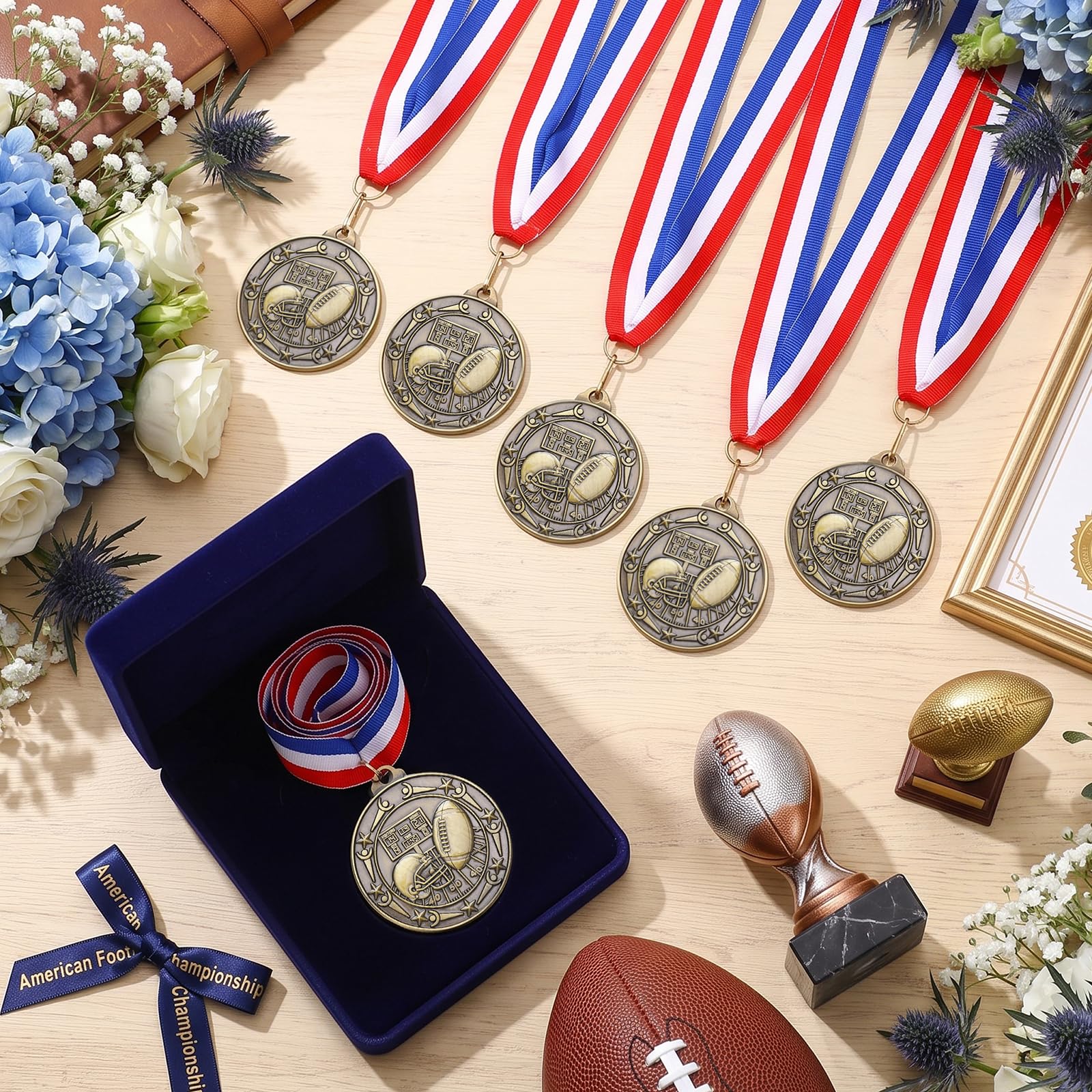 Kenning 24 medaglie di classe mondiale da 5 cm con nastro rosso bianco blu collo oro campione medaglia trofeo per giochi sportivi eventi festa premio giocatore vincitore della squadra regalo