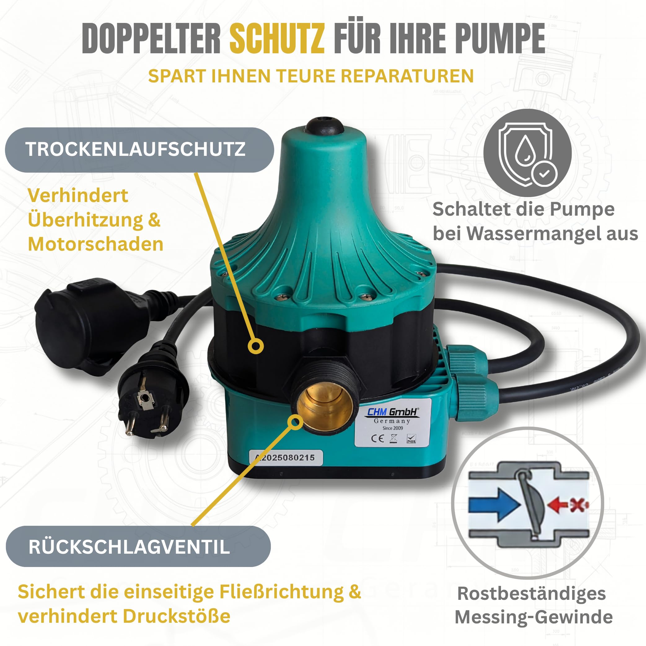 Pumpensteuerung Druckschalter CH 18 (EIN- und Abschaltdruck einstellbar) mit Trockenlaufschutz für Pumpen bis 2,2 Kw