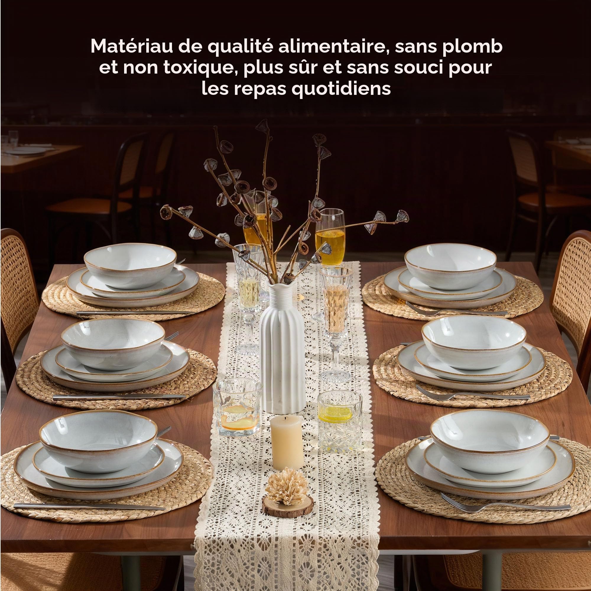 Joyfair Service de table 6 personnes, set de 24 pièces en grès, vaisselle ronde irrégulière avec assiettes, assiettes à dessert, bols à céréales, résistants au micro-ondes et au lave-vaisselle, blanc