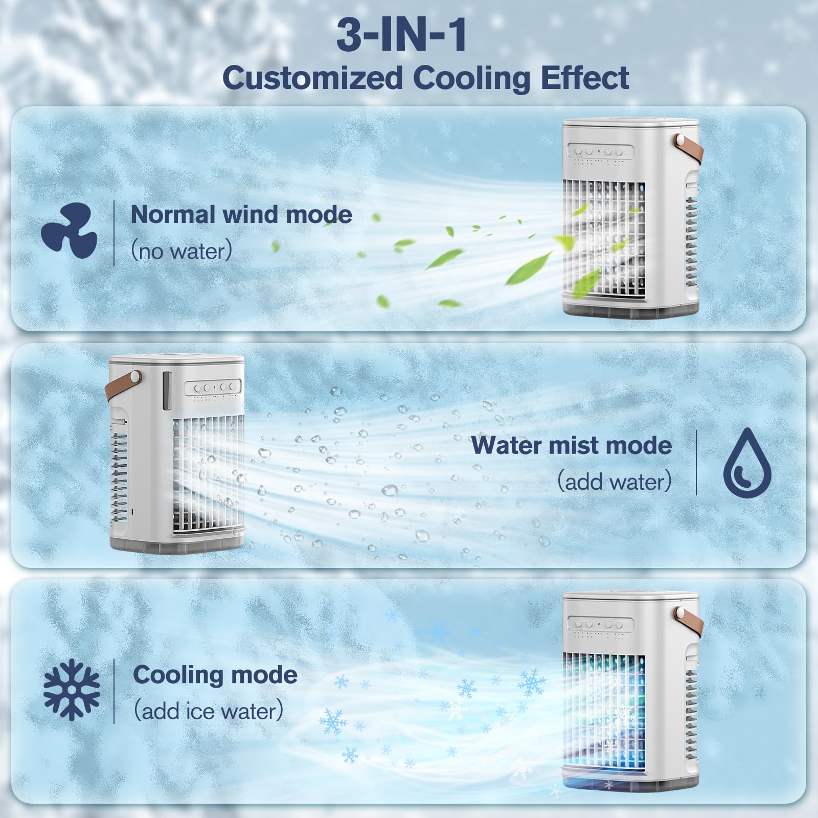 Mini aire acondicionado, aire acondicionado portátil con control remoto, carga USB, tanque de agua de 1.2L y 2 cajas de hielo, temporizador de apagado automático, enfriador de aire evaporativo con 3 5
