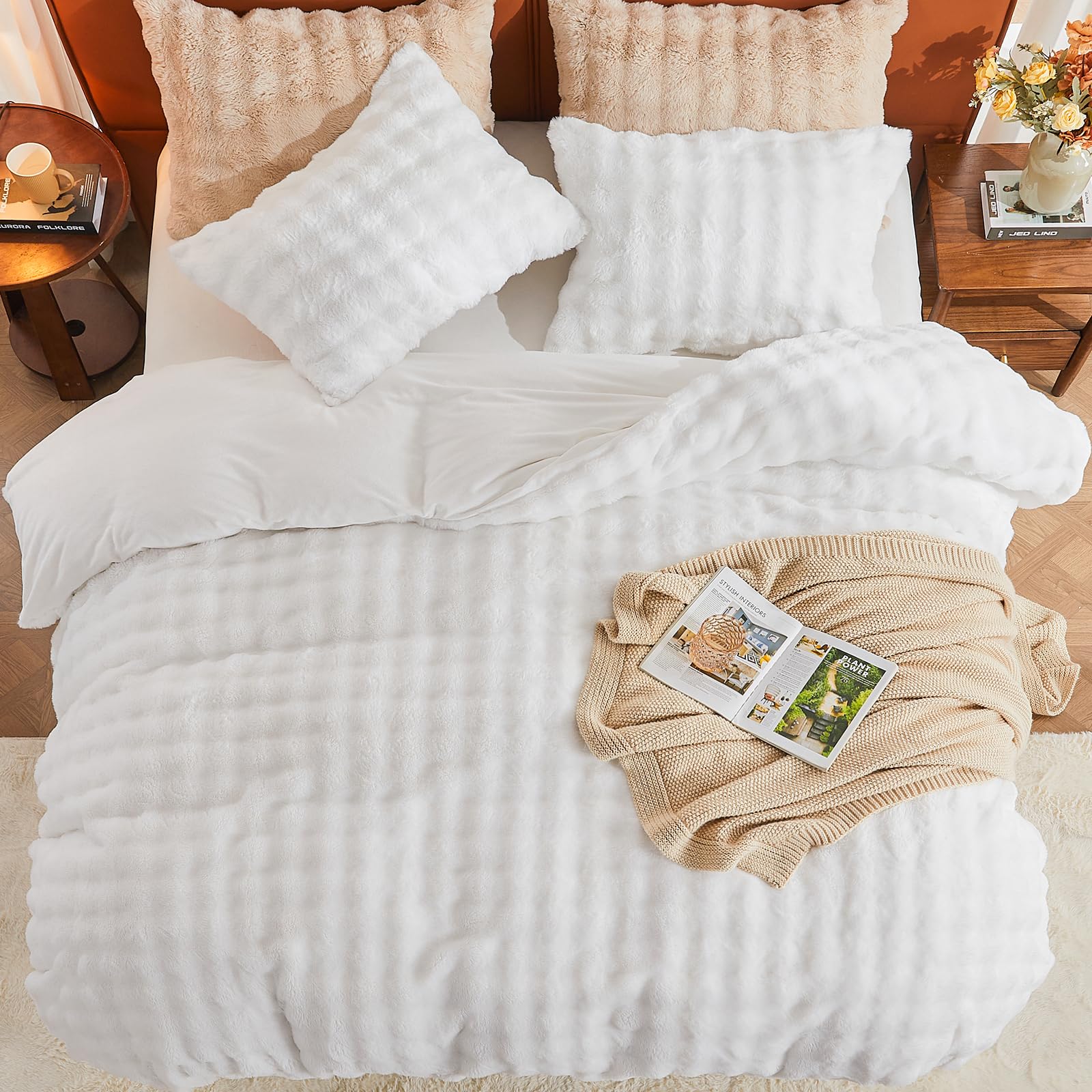 EMME Set de Sábana de Felpa 220x240 cm Blanco - Juego de Cama Invierno Imitación Piel de Conejo, Incluye Funda Nórdica Ultra Caliente con Cremallera + 2 Fundas de Almohada 80x80