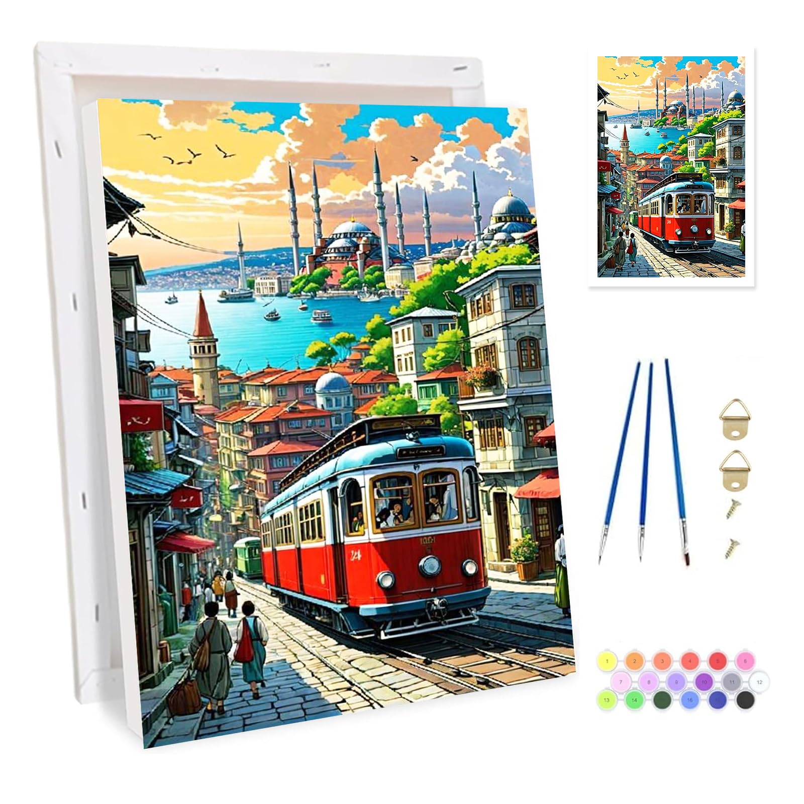 Bowetile Framed House Paint by Numbers for Adults, Cityscape Painting by Numbers Kit for Adults Beginners Canvas Kit, DIY Color Oil Painting Acrylic Paints for Home Wall Decor 20x30cm