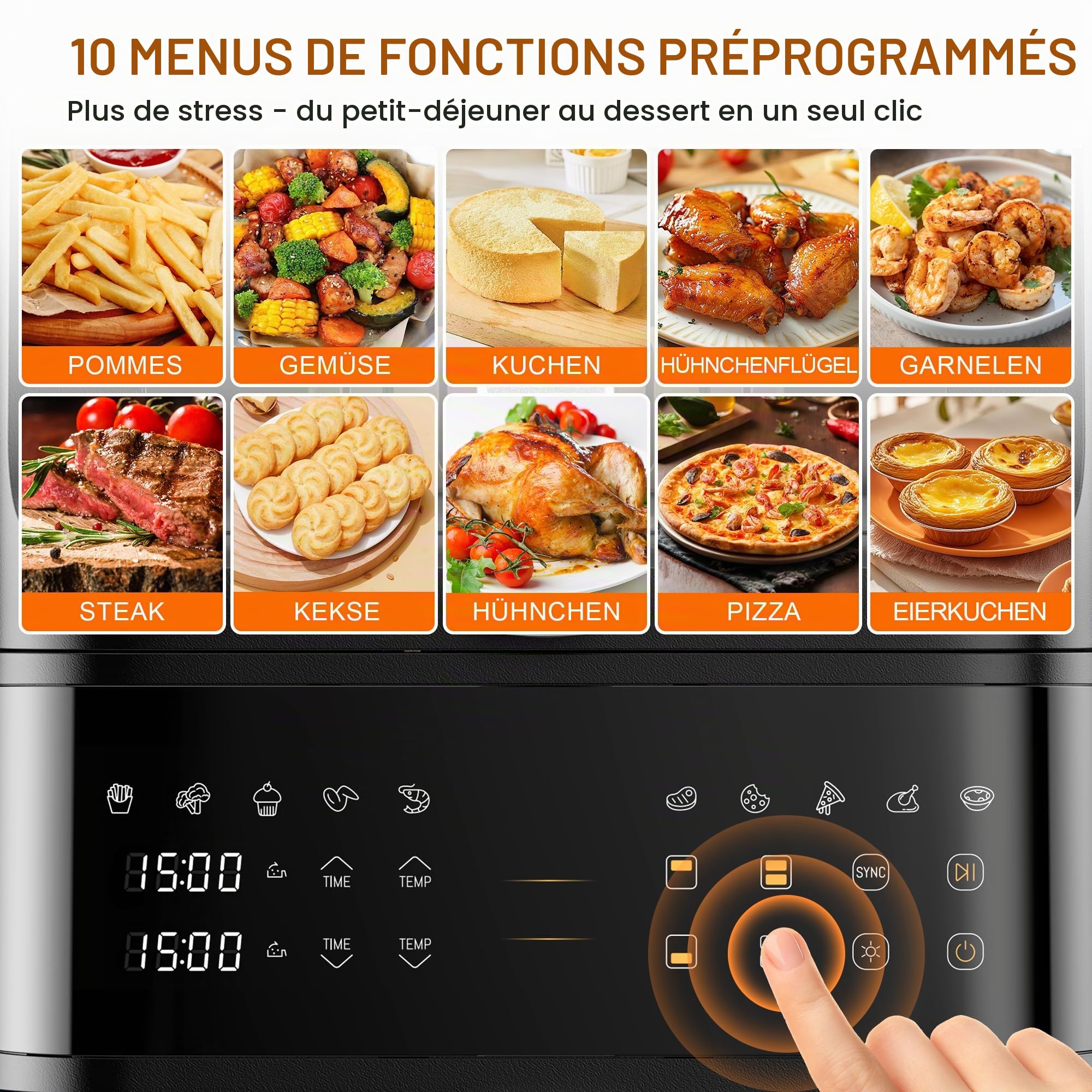 12L Air Fryer, Grand Double Compartiment Friteuse à Air Verticale Chaud Fenetre Visible 2 Tiroirs Écran tactile numérique 10-en-1Synchronisation Antiadhésif Lavable au Lave-vaisselle
