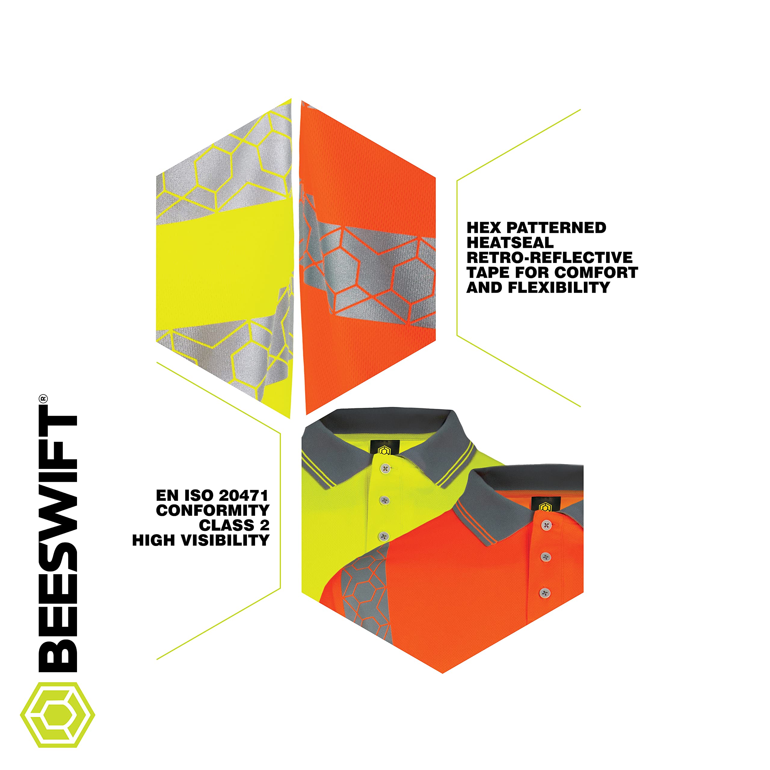 Beeswift Envirowear Hi-Vis Short Sleeve Polo Unisex Reflective Sustainable Safety PPE Workwear - Orange/Saturn Yellow - Sizes S-5XL