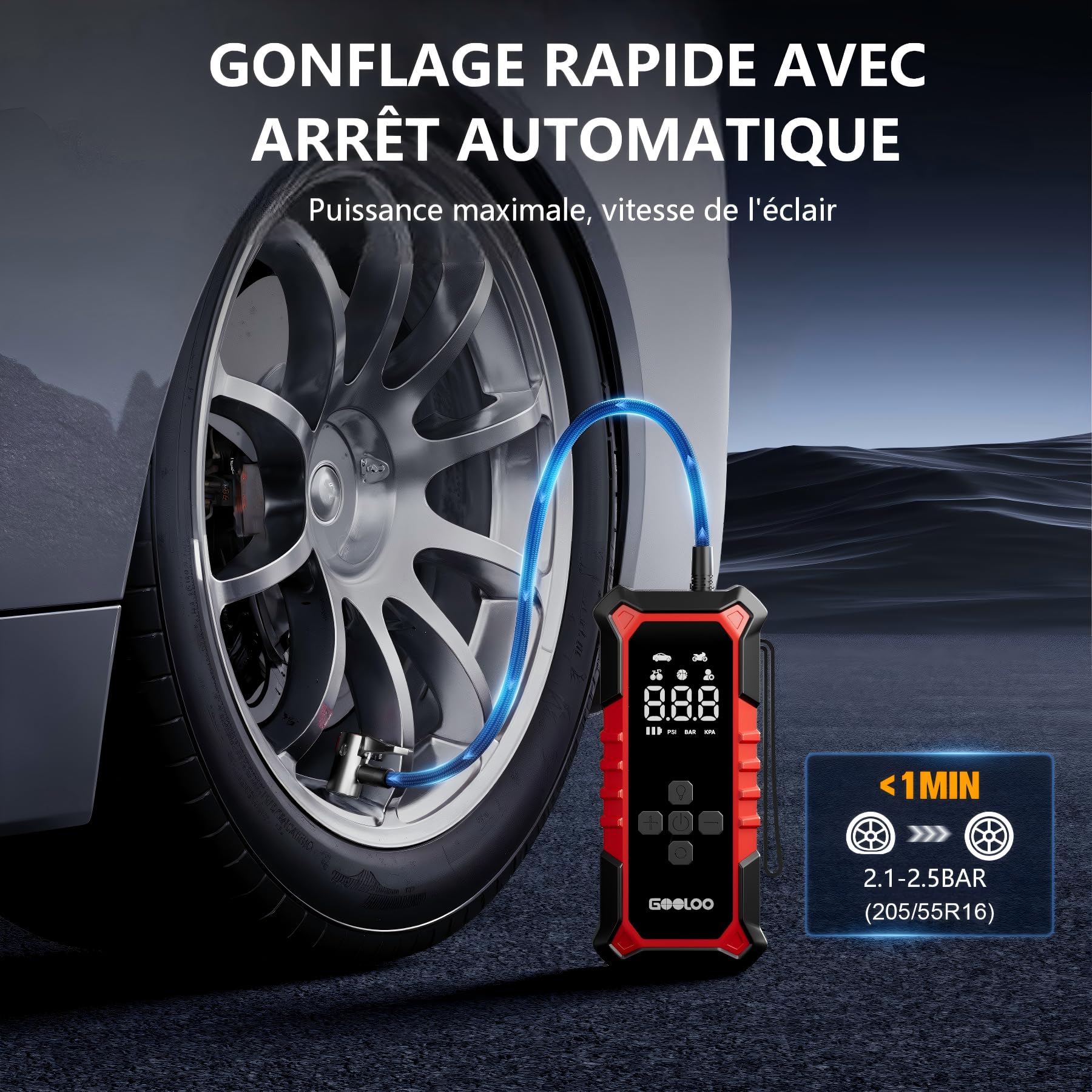 GOOLOO A6 Gear Compresseur d'air Portable 160 PSI (11 BAR) | Gonfleur Pneu Sans Fil, Manomètre Numérique, Pompe Électrique Intelligente, Arrêt Automatique, Lumière LED Pour Pickup