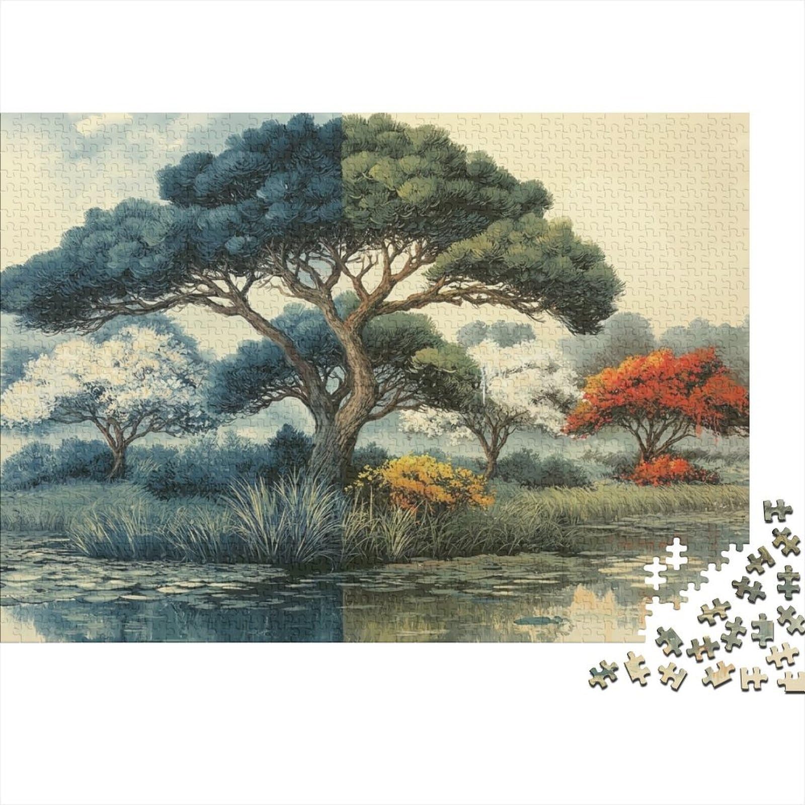 Landscape Painting Tree 1000 Piece Puzzles Colorful Pine Tree Lake Wall Decoration Educational Game Gifts Puzzles for Adults Jigsaw Puzzles for Adults 52x38cm/1000pcs — image 1