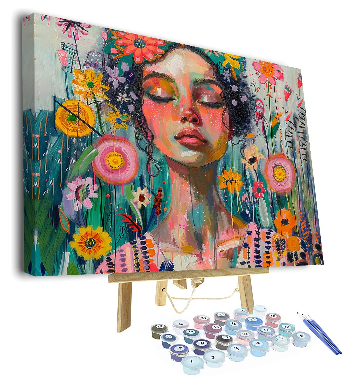 Paint by Numbers for Adults, Woman with Flowers Adults' Paint-by-Number Kits Beautiful Women Paint by Number Canvas Oil Painting Paint-by-Number Kits Home Wall Decoration, 16x20 Inch(With Frame) — image 1
