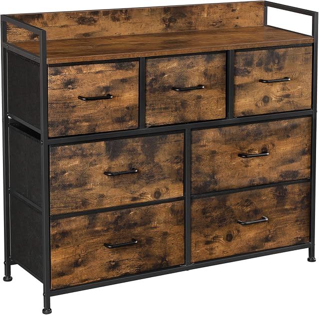 SONGMICS Chest of Drawers, Bedroom Cabinet, 7 Fabric Drawers with Handles, Metal Frame, Industrial Design, Rustic Brown and Black LTS137B01