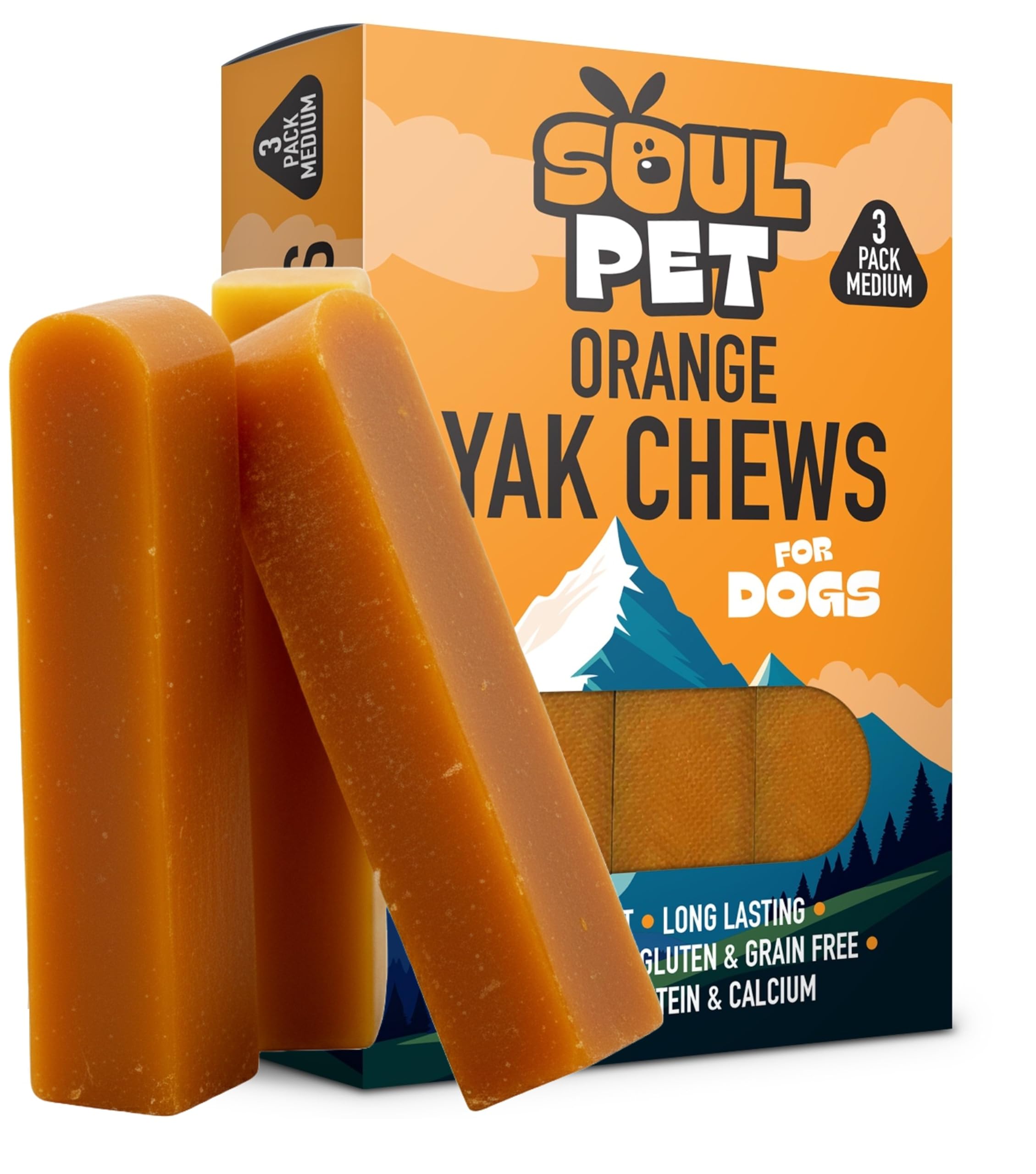 Soul Pet Natural Orange Original Box of 3 Medium Yak Chews for Dogs | Vitamin-Rich Himalayan Cheese Treats | Long-Lasting, Grain-Free, Dental Chews