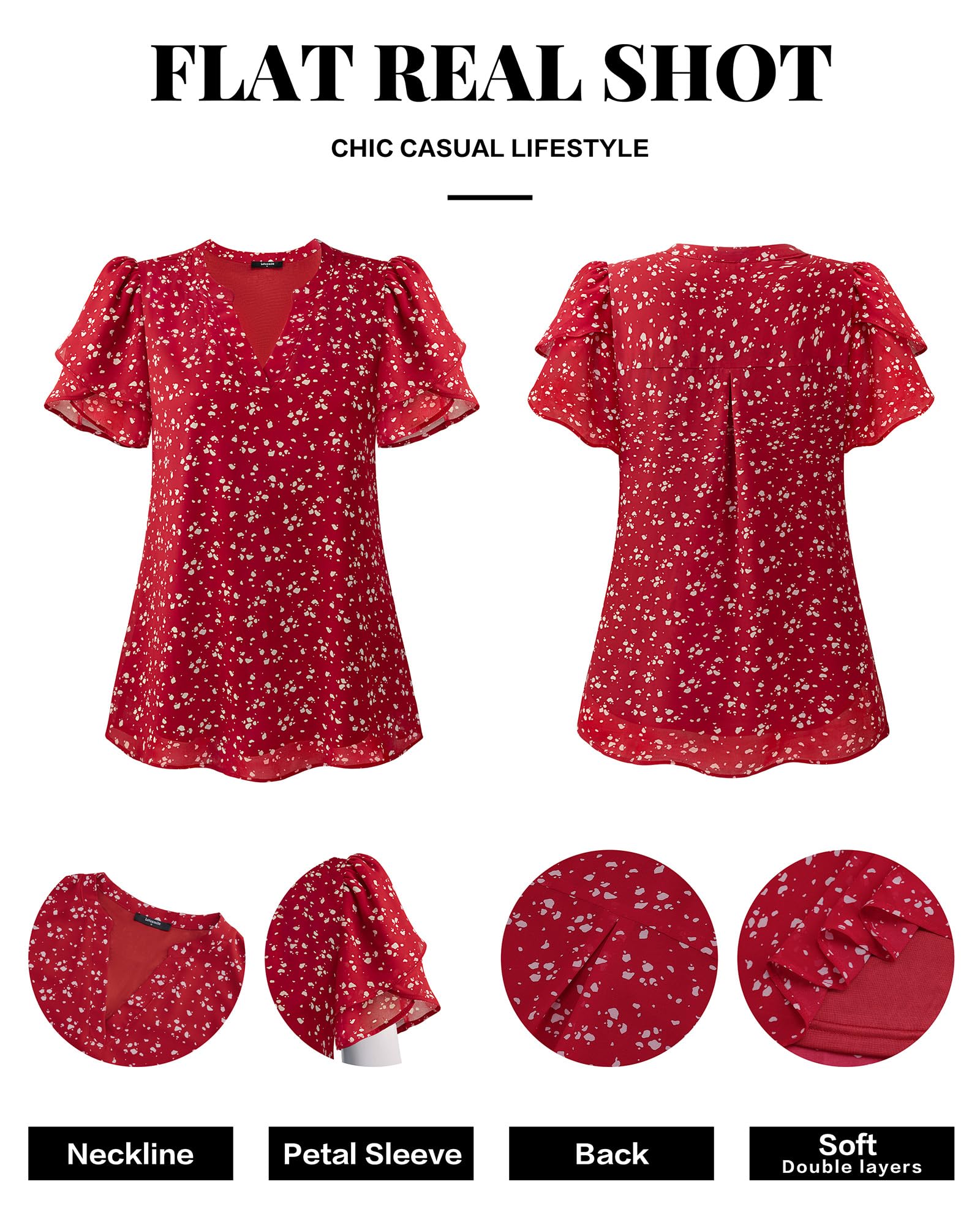 Lotusmile Womens Dressy Chiffon Blouses Summer Puff Petal Short Sleeve Shirts V Neck Casual Work Tops