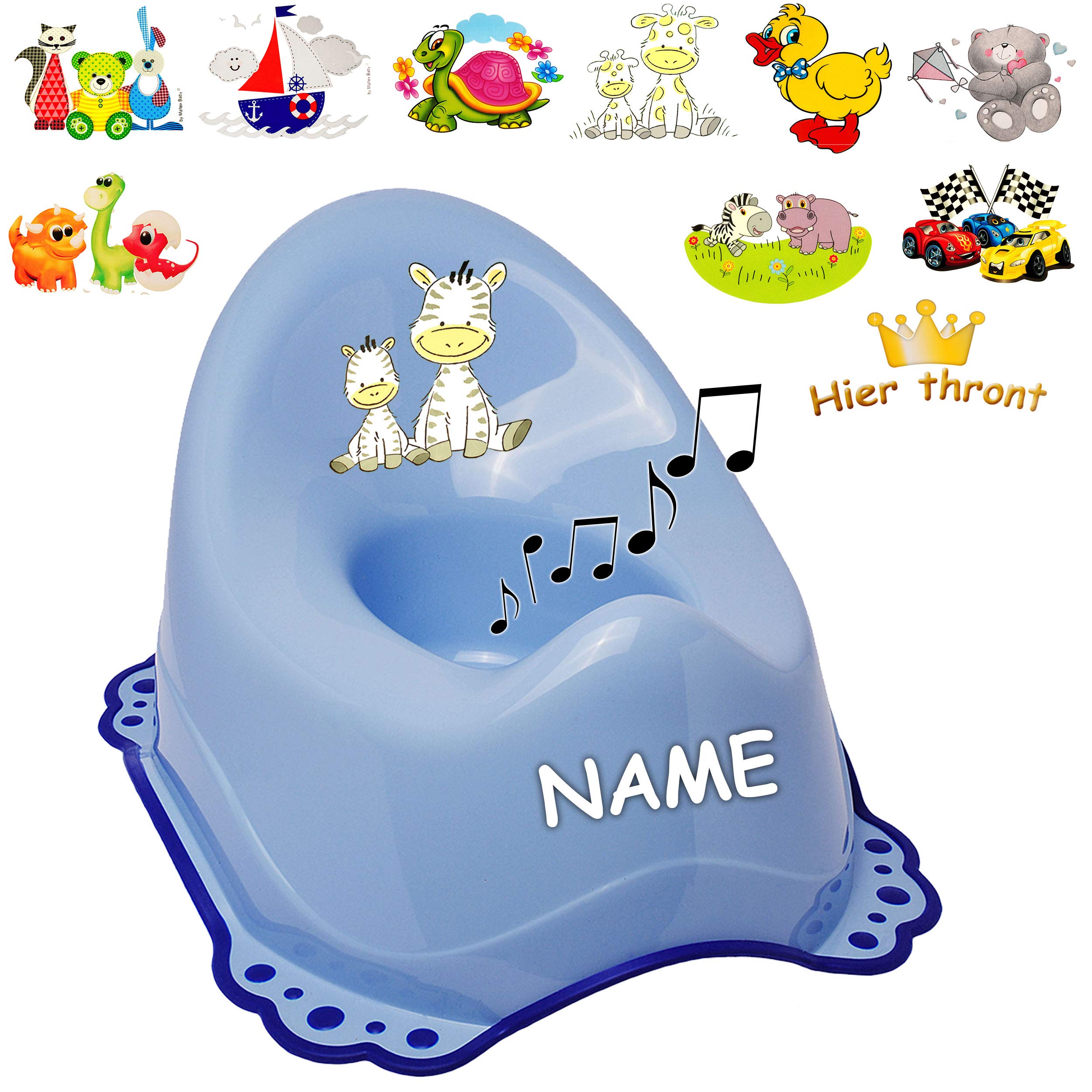 alles-meine.de GmbH Musik & Sound - Anti RUTSCH - Töpfchen/Nachttopf/Babytopf - blau Motiv-Mix - Jungen inkl. Name - Bieco - Melody - mit großer Lehne + Spritzschutz - ru..