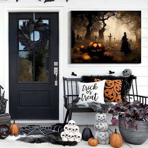 Miniatura 56 de Denozer Lienzo decorativo para pared de Halloween, castillo de terror de 32 x 24 pulgadas, decoración de pared de luna, decoración de otoño de Obra