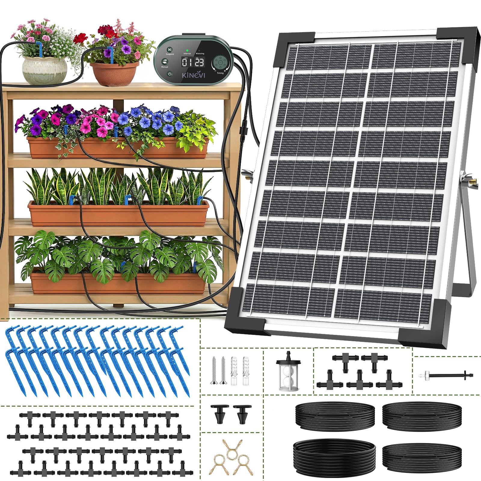 Sistema de riego solar de 8 W para jardín, riego automático con temporizador de 22 modos, manguera de 30 m y 30 chorros de goteo, juego de riego por goteo para balcón, bancal, invernadero y plantas en