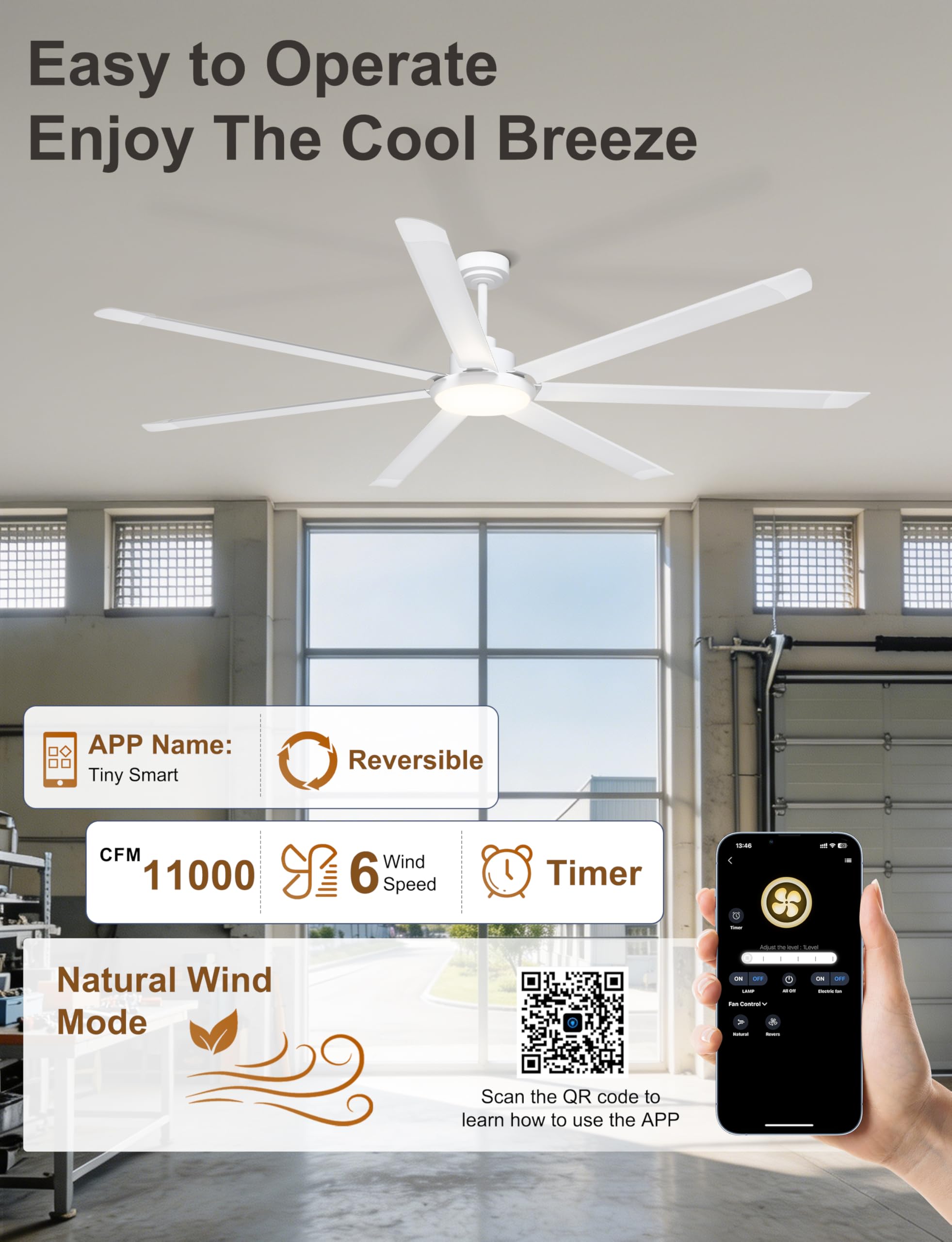 Ohniyou Ventilador de Techo de 213 cm con Luz - Ventiladores de Techo Industrial Grande con Control Remoto/APP, 7 Aspas de Aluminio, Motor DC Silencioso para Interior Exterior Terraza Garaje, Blanco — view 5