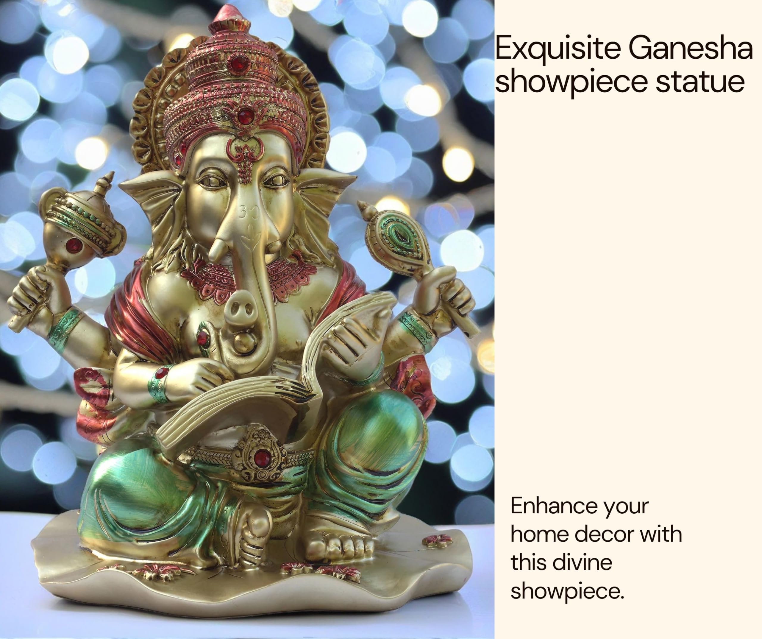 Ganesha Idol for Home Temple, Large 10 inch Ganpati Murti for House Entrance, Auspicious Vinayak Resin Statue for Home, Living Room, Office Desk, Gifting (Golden) — photo — 5 of 9