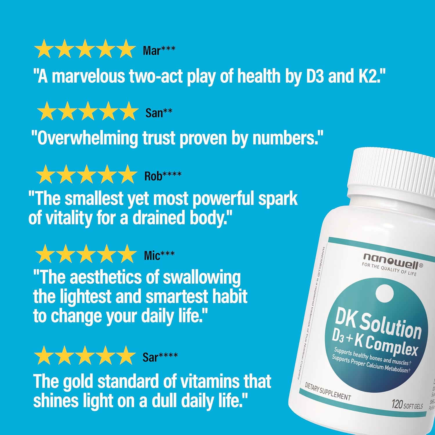 NANOWELL DK Solution 120 Softgels X 2 Bottles (Vitamin D3 + K Complex) - Dietary Supplement for Bone, Teeth and Muscle Health, Immune Support (240 Count)