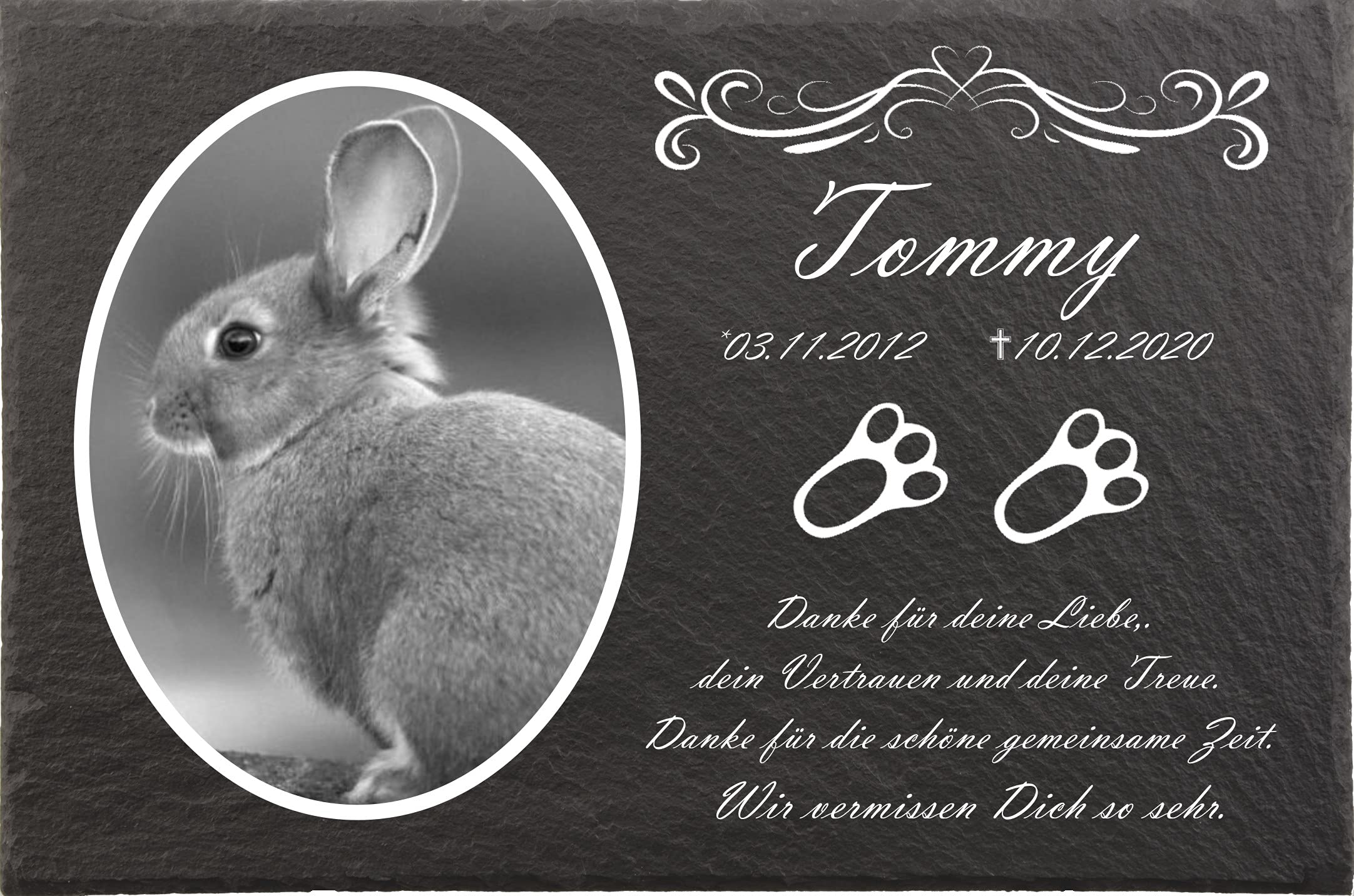 Tiergrabstein Kaninchen mit Foto, Gedenksteine für Kaninchen mit Pfoten mit personalisierter Gravur, Kaninchen Gedenksteine aus Naturschiefer 20x30 cm