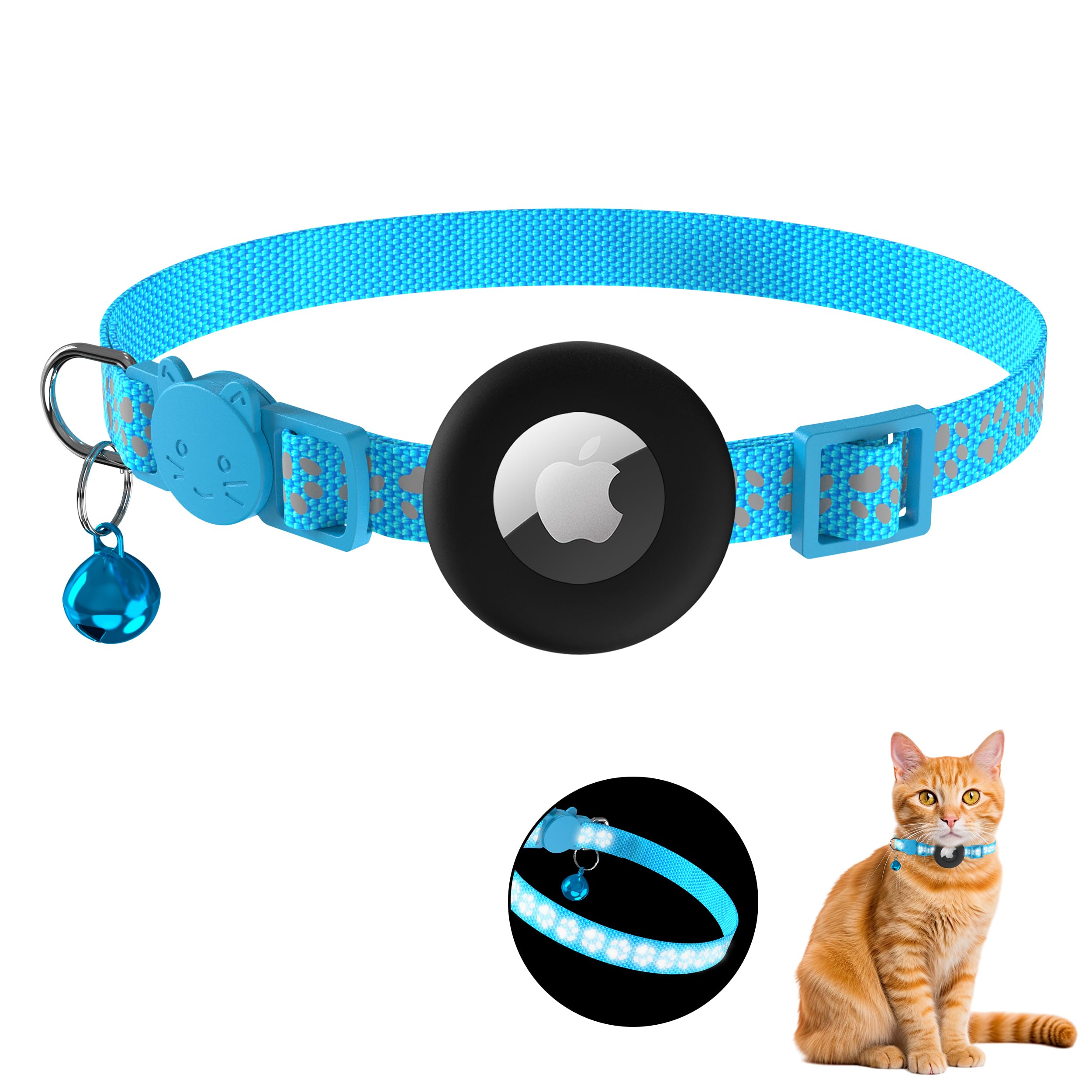 Tobfit Airtag Cat Collar Breakaway, Adjustable Reflective Kitten Cat Collar with Apple AirTag Holder and Bell for Cats and Puppies -Blue Footprints-image-12